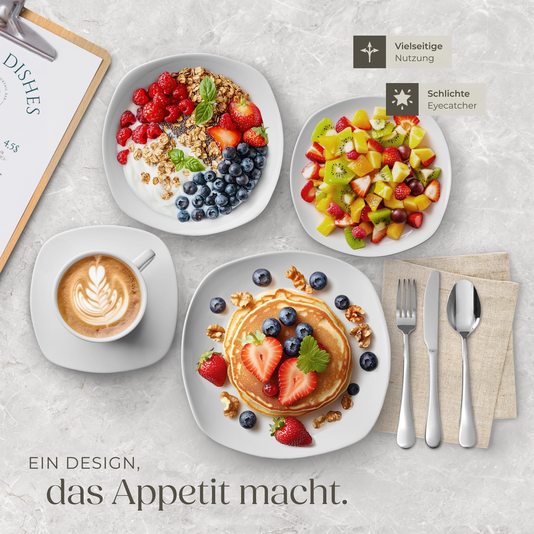 tectake® Geschirrset 12 Personen, Porzellan Geschirr Set 100tlg, u.a. 12x Dinner Teller Set, 12x Dessertteller, 12x tiefe Teller, 12x Tasse, 12x Müslischale, Salatschüssel, Milchkännchen, Zuckerdose