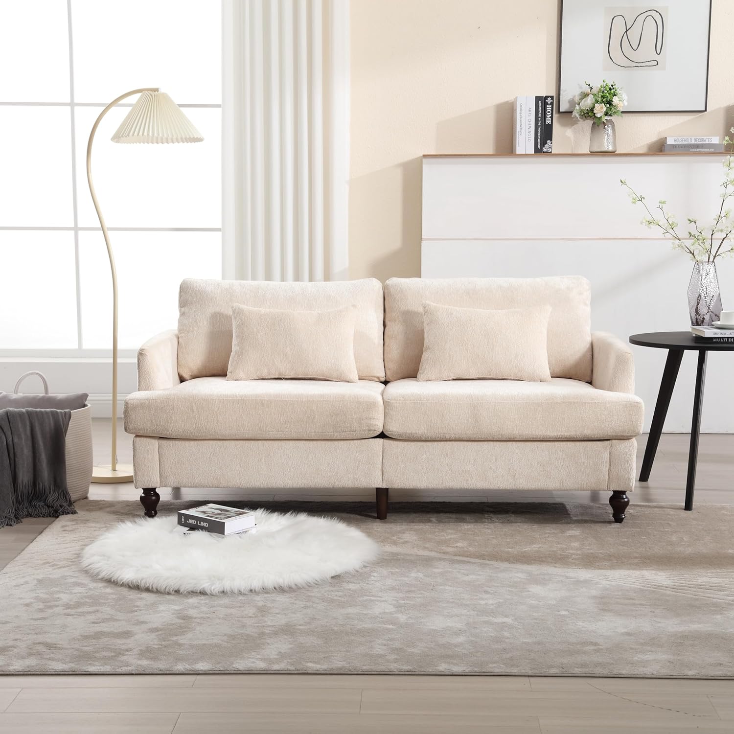 Mid Century Modern Loveseat Sofa, 2-Seater Chenille Couch with Brown Wood Legs for Living Room, Bedroom, Beige Upholstered Furniture