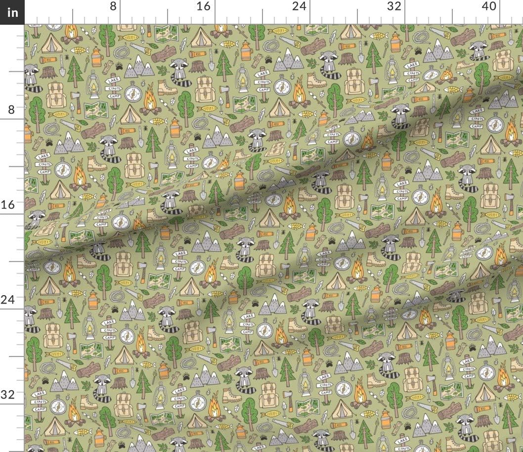 Spoonflower Fabric - Outdoors Camping Woodland Doodle Campfire Raccoon Mountains Trees Logs Printed on Petal Signature Cotton Fabric Fat Quarter - Sewing Quilting Apparel Crafts Decor