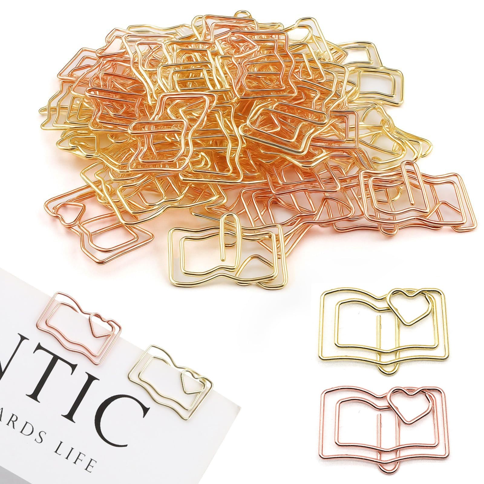 50pcs Cute Book Shaped Paper Clips Set - Rose Gold & Gold Metal Memo Clips, Fun Bookmark Gifts for Book Lovers, Office & School Supplies