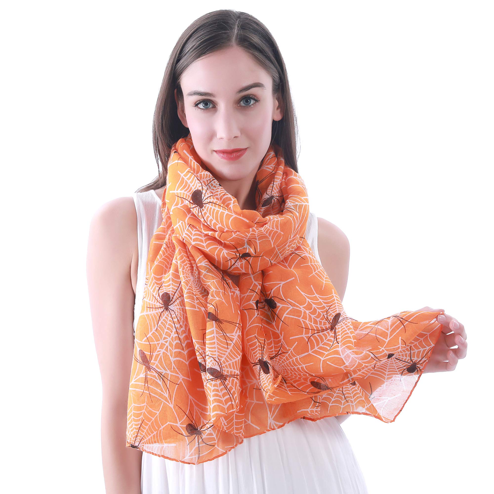 Lina & Lily Women's Orange Halloween Spider And Web Print Scarf Shawl Wrap Lightweight (Orange)
