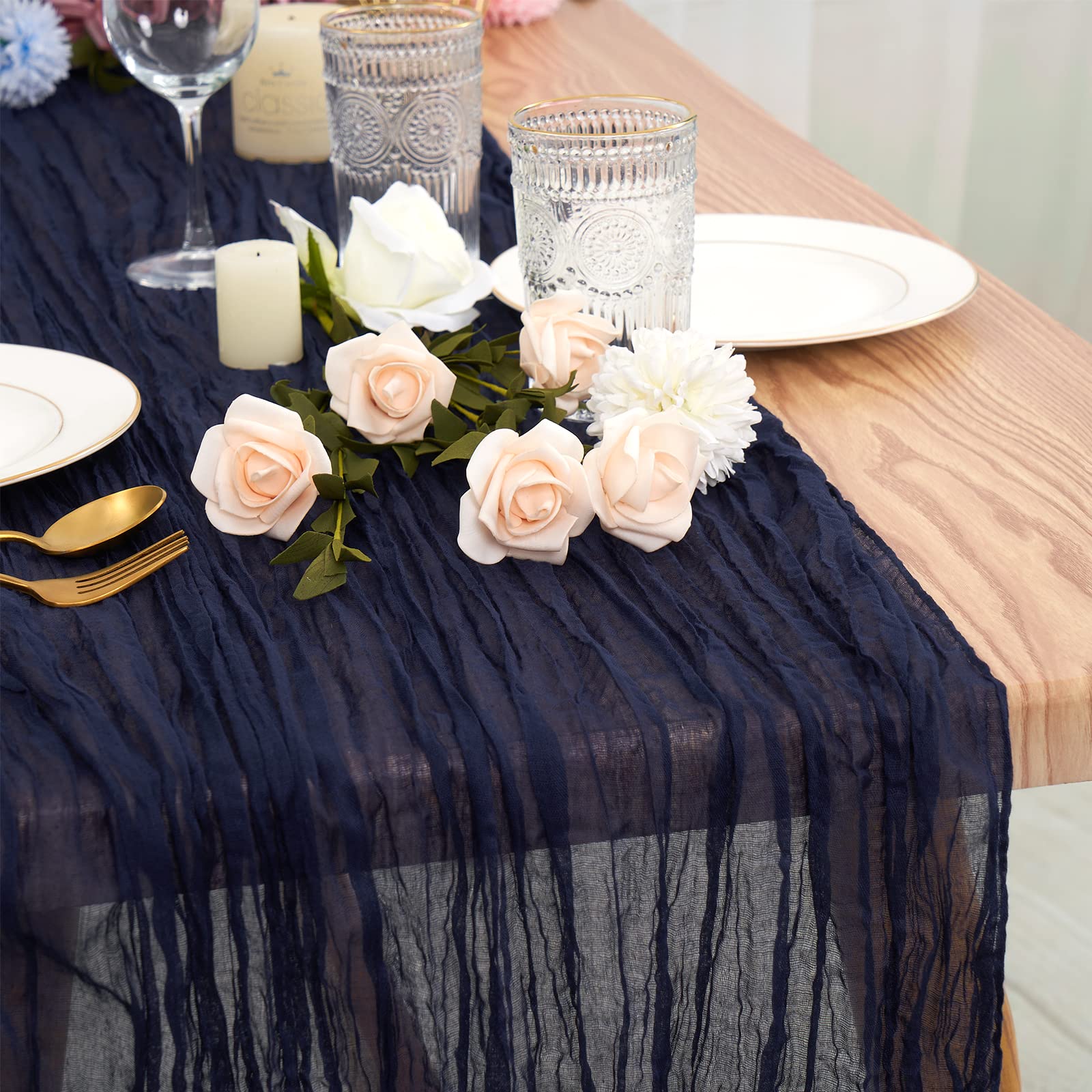 Chemin De Table En Gaze Bleu 90x400 Cm - Mousseline Boho - Pour Mariage, Baptême, Décoration De Table