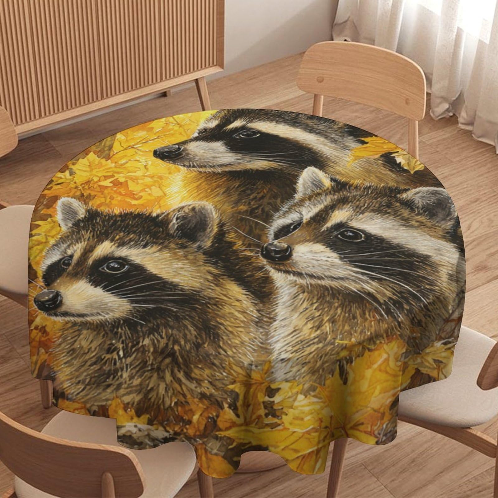 LUYYSKY Funny Painting Art Cute Raccoons Round Tablecloth Modern Classic Autumn Plant Maple Trees Animals Raccoon Washable Decor for Table Cover for Kitchen-70 Wx70 L