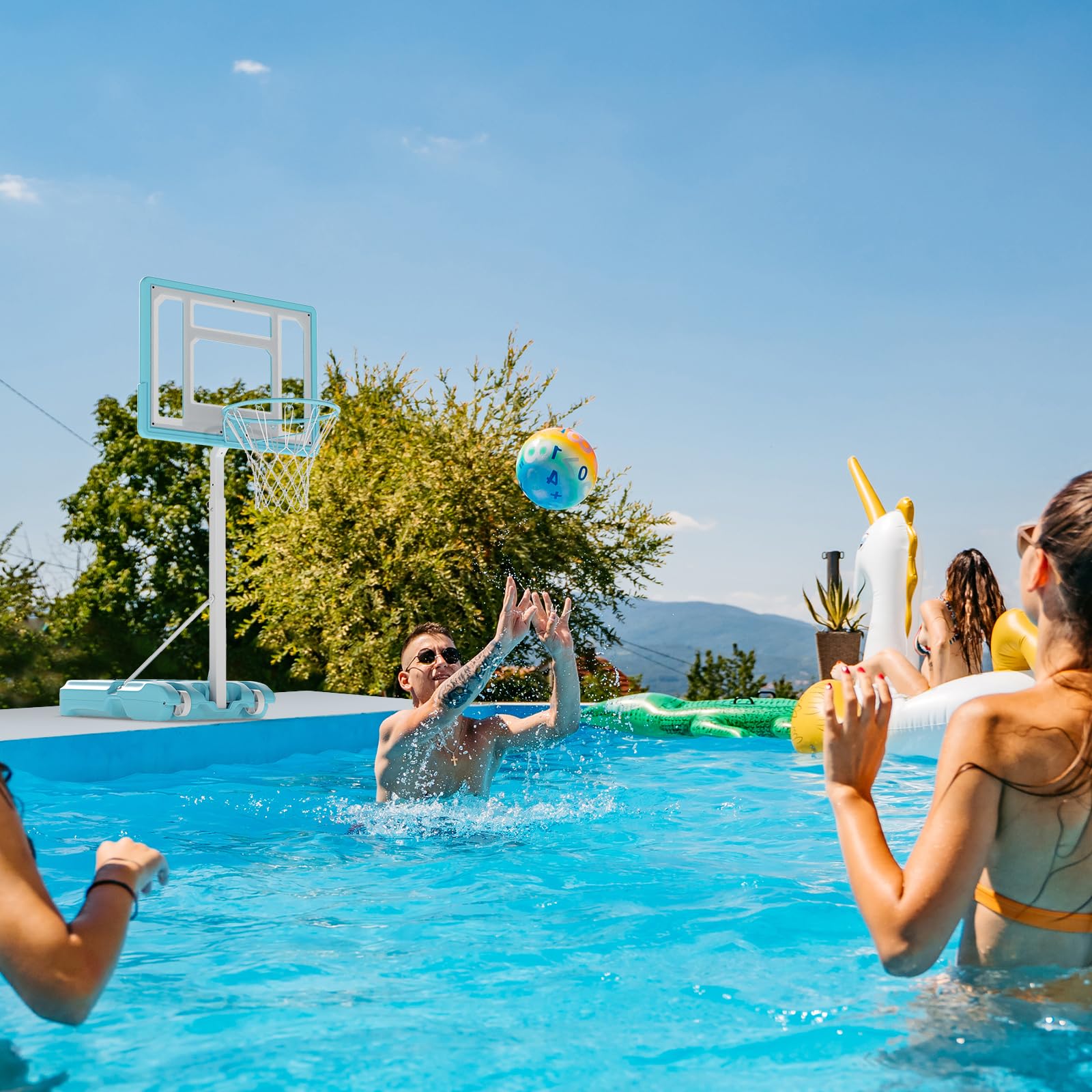 GYMAX Pool Basketball Hoop Poolside, Adjustable Height 32