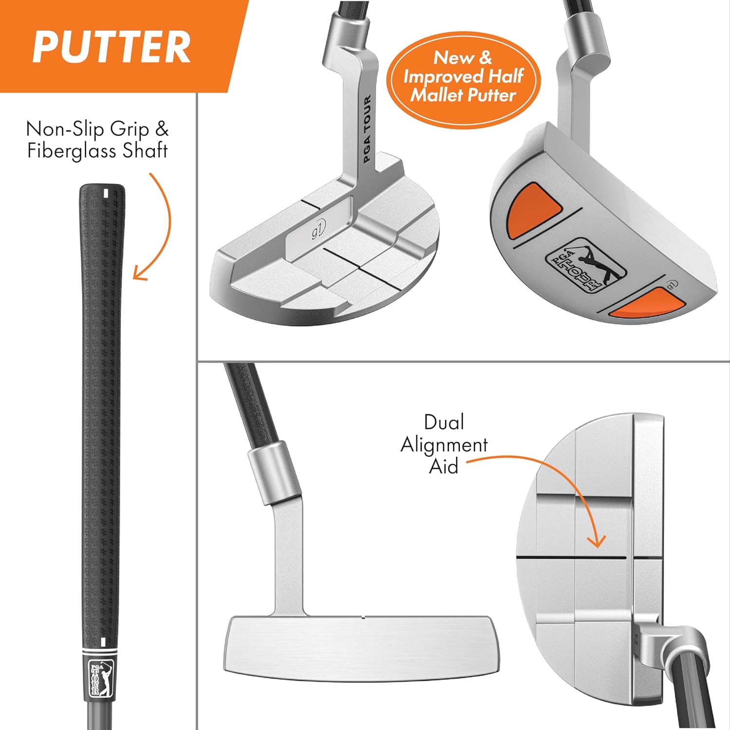 PGA Tour Youth Golf Club Set for Ages 5-15+ (3’5”-5’10”), Right and Left-Handed Kids Golf Sets – Beginner Junior Golf Clubs with Lightweight Stand Bag, Mallet Putter, Hybrid, Driver