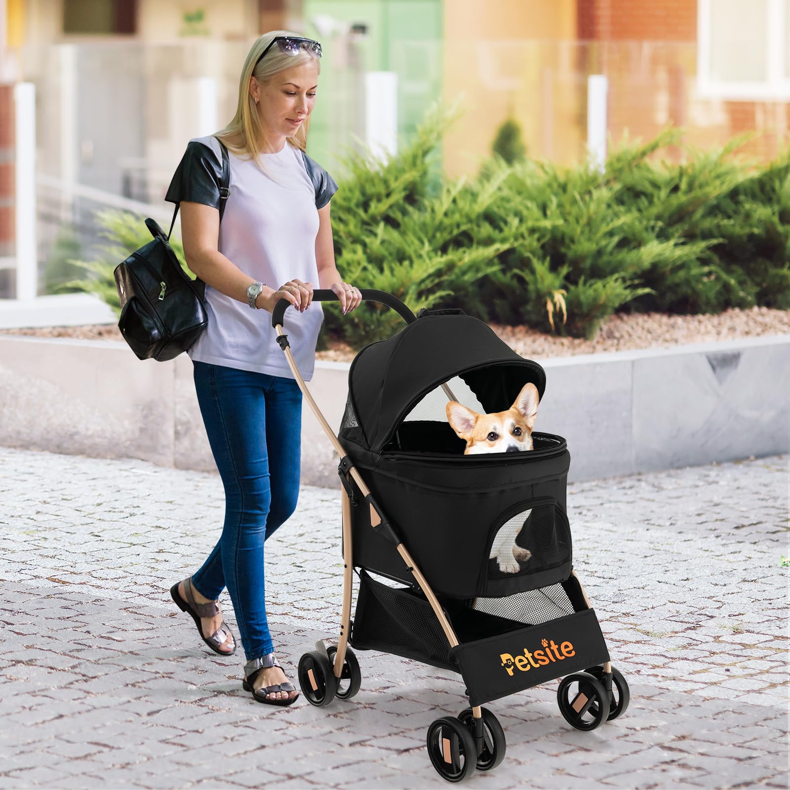 GOPLUS 3 en 1 Poussette pour Chien Chat, Poussette Pliable, Siège de Voiture Amovible, Auvent Réglable, Entrée en Maille Zippée, Panier de Rangement, pour Petits/Moyens Chiens Chats(Noir)