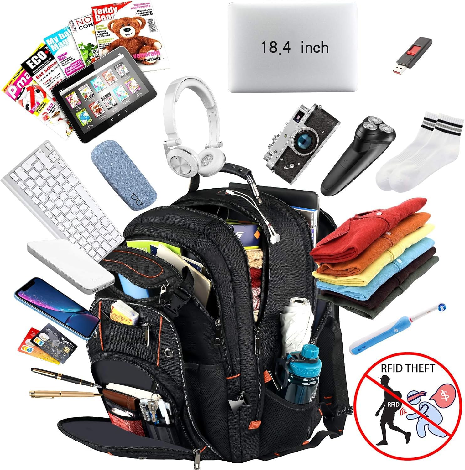 VECKUSON 18.4 Inch Uomo Zaino Laptop Orange RFID - Dettaglio