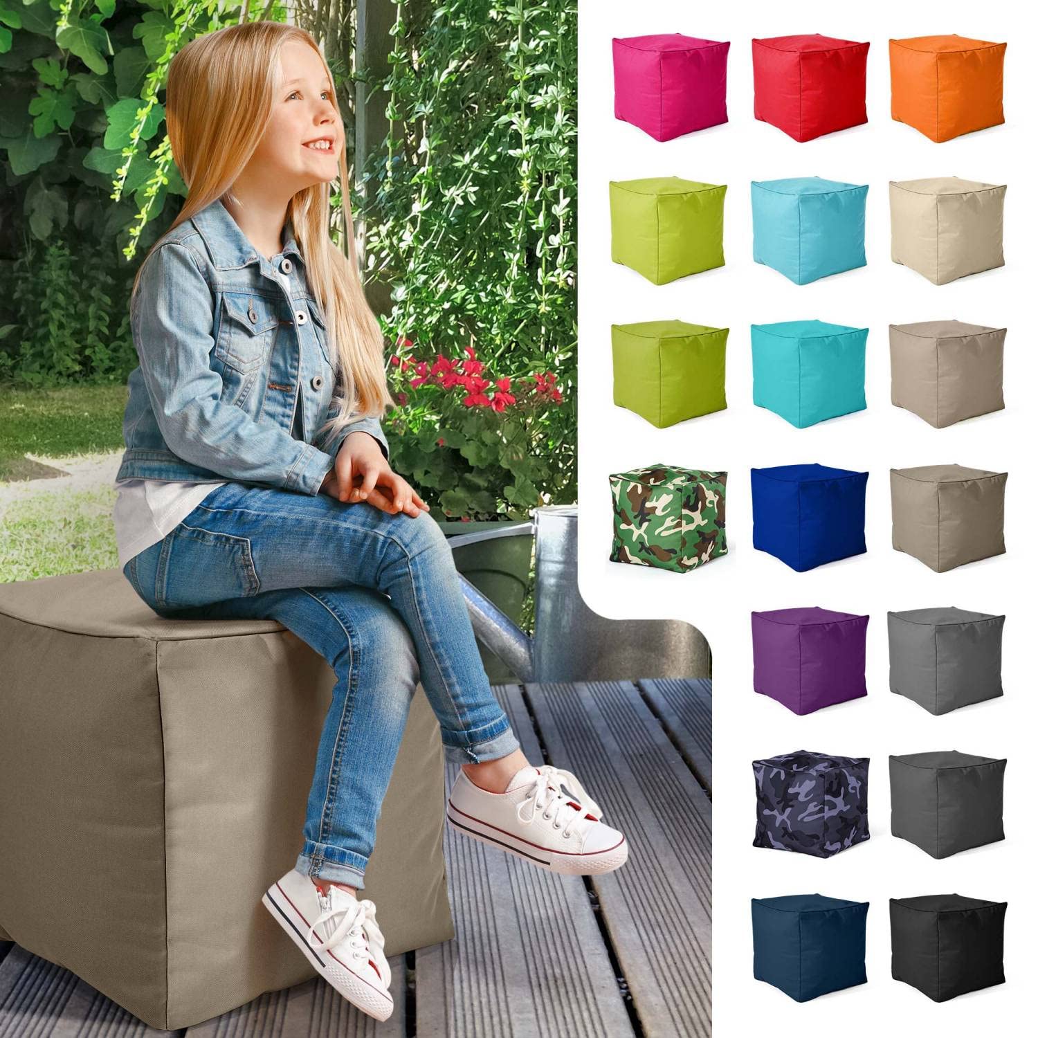 Green Bean Outdor Pouf-Hocker 40x40x40cm mit EPS-Perlen Füllung - Erweiterung & Addon für Sitzsäcke: Fußhocker Fußkissen - Bodenkissen Kinder & Erwachsene - Fußablage Sitzkissen Khaki