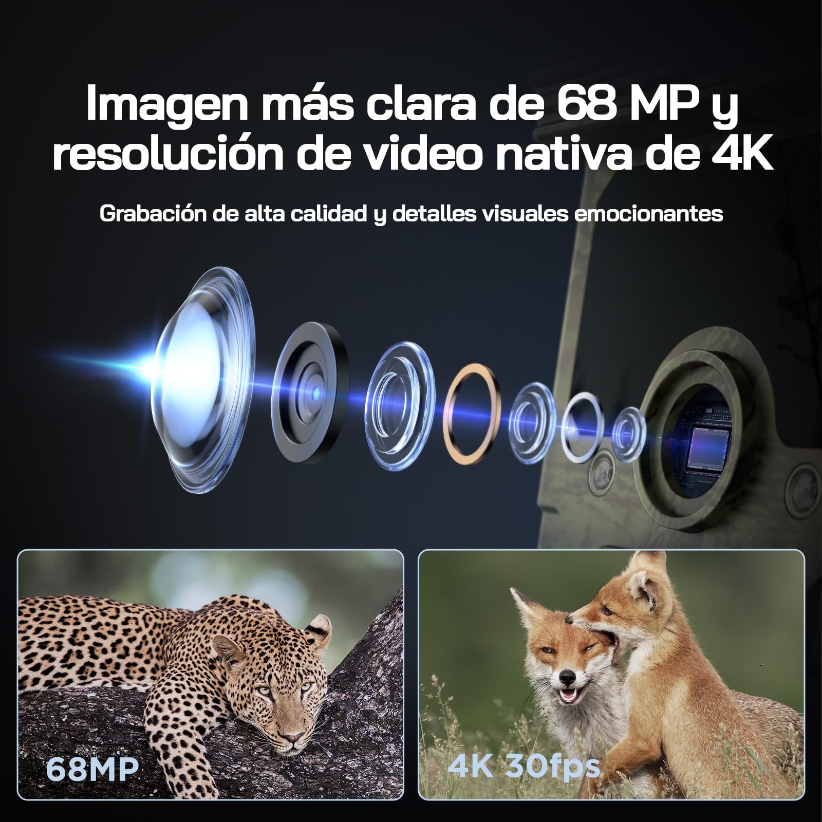 WOLFANG Cámara de Caza, 4K 68MP Solar Wi-Fi Bluetooth Cámara Caza con Visión Nocturna, Envío al Móvil App, Detección 120°, Disparo de 0.1 s, Batería de 5200 mAh, IP66, para Monitoreo de Vida