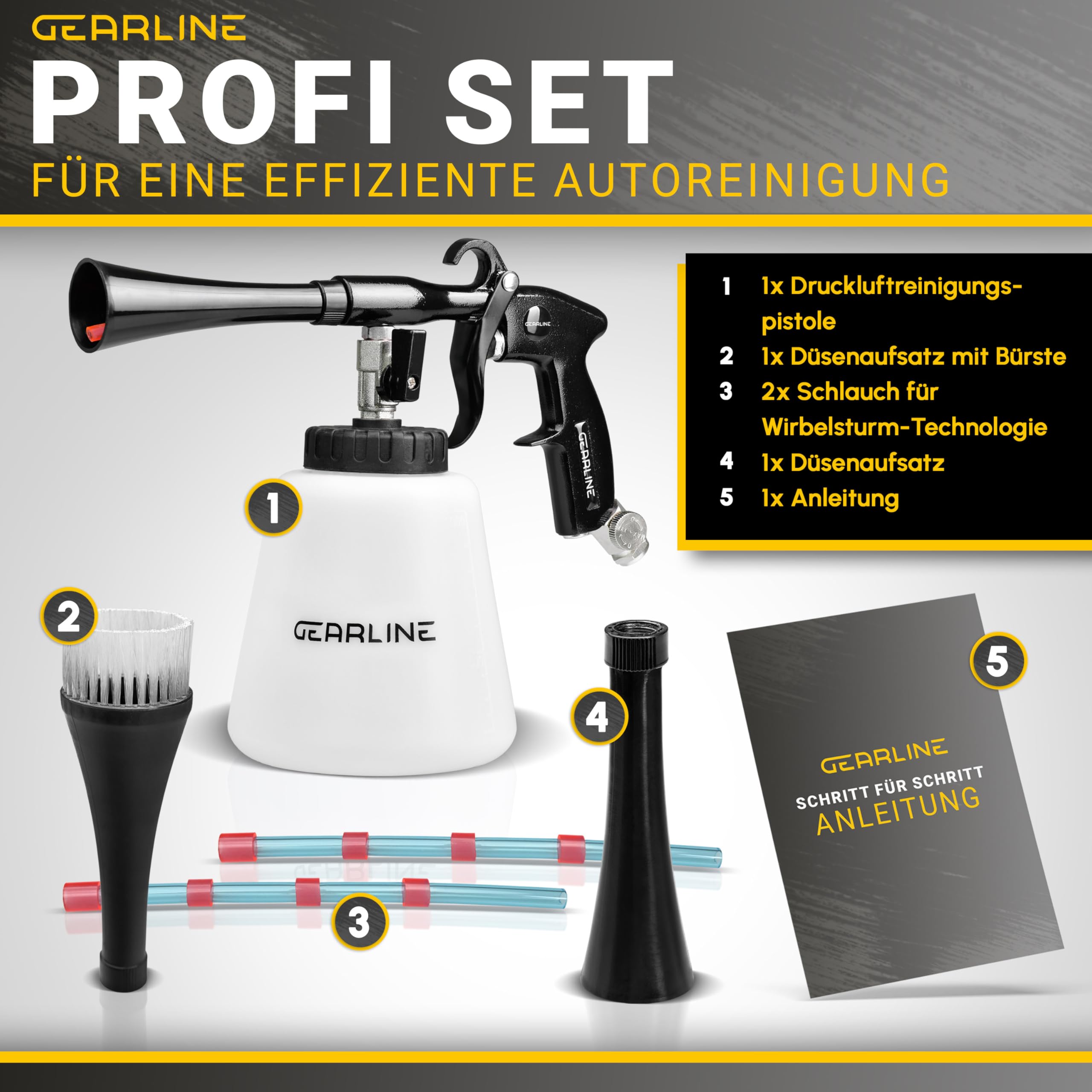Druckluft Reinigungspistole [mit Wirbelstrahl-Technik] - effektive Luftdruckpistole für Autoreinigung & mehr - All-in-One-Set mit Druckluftpistole, Wassertank & 2 Düsen-Aufsätzen