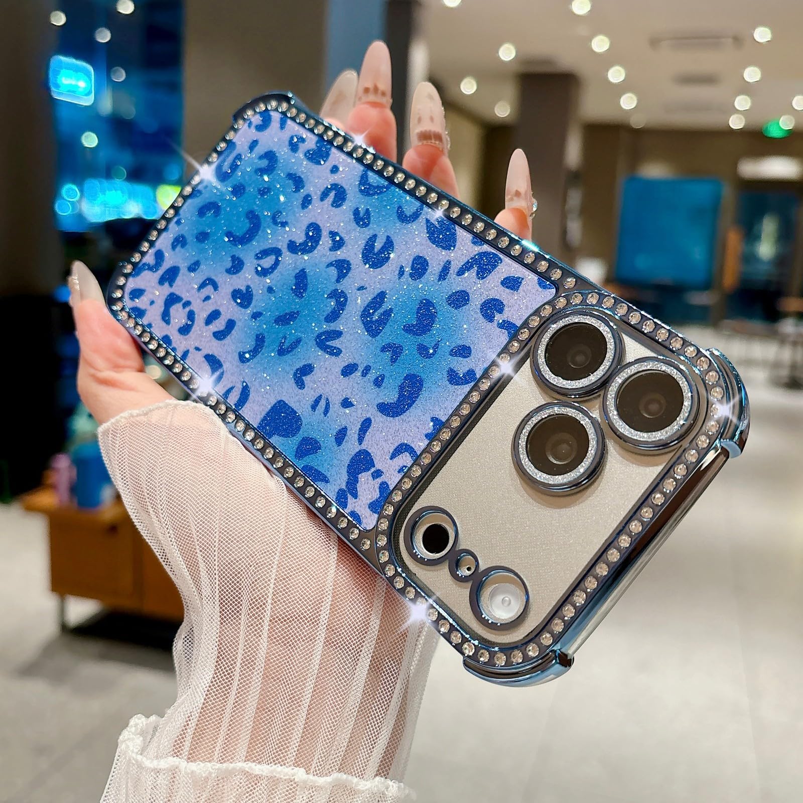Generic Funda compatible con iPhone 16 Pro Max (patrón: leopardo azul), funda con purpurina de silicona dura para lente de cámara
