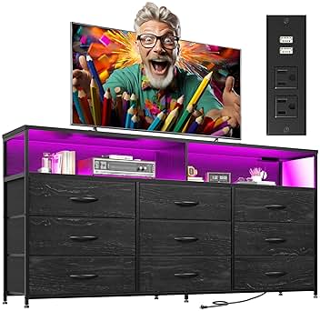 55” W Black Dresser for Bedroom with Charging Station & LED Light, 65/55/50 Inch TV Stand with 9 Fabric Drawers, Sturdy Chest of Drawers with 2 Wooden Open Shelves for Bedroom, Dorm, Living Room