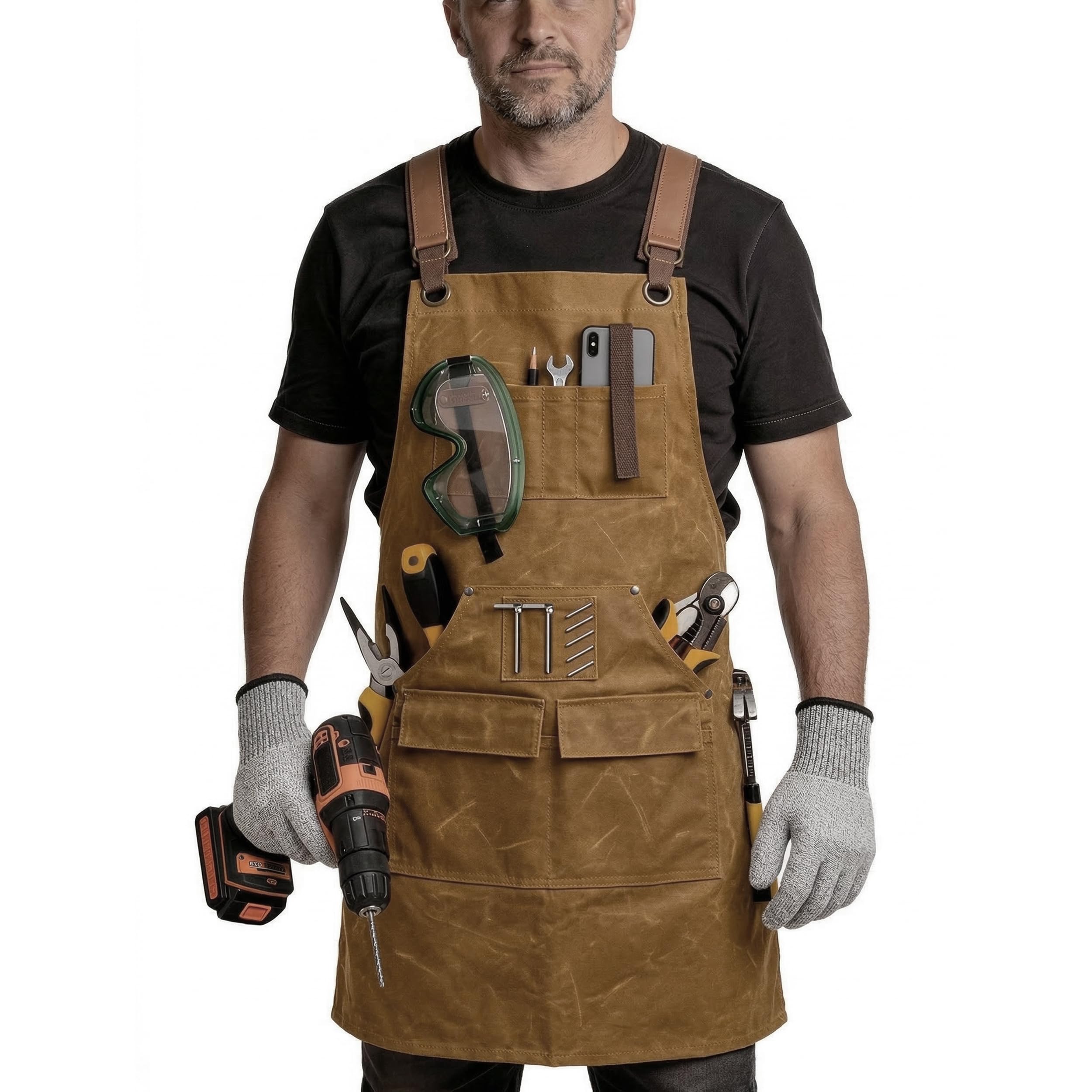 Tablier de Travail Homme en Toile Cirée 20oz – Robuste & Imperméable – Tablier Menuisier & Atelier avec 9 Poches, Aimant & Gants Anti-Coupure (Réglable S-XXXL