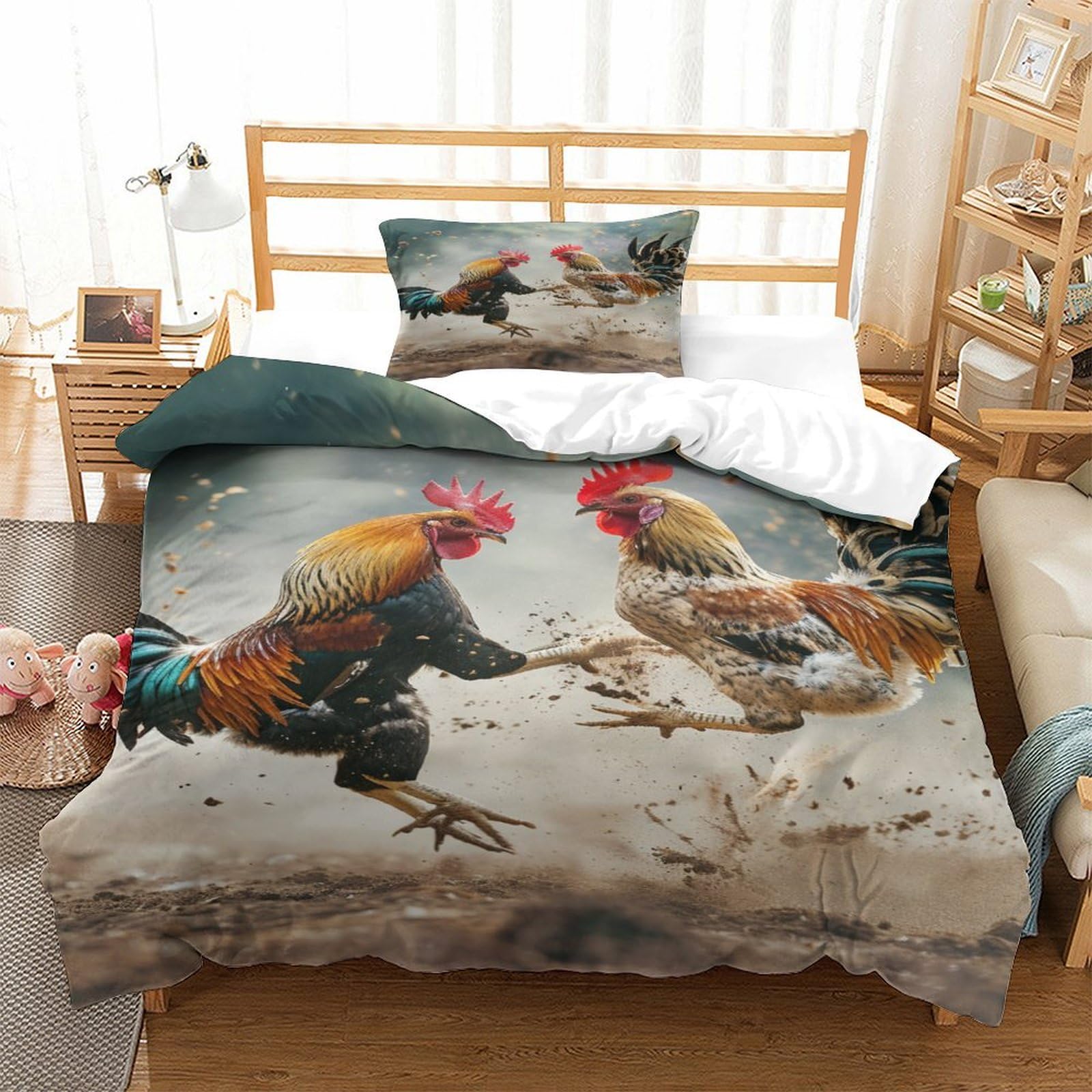 P1S9U7W5Y Farmhouse 3D Printed Rooster Duvet Cover Set 3pcs Soft Microfiber Chicken Bedding Set Single（135x200cm）