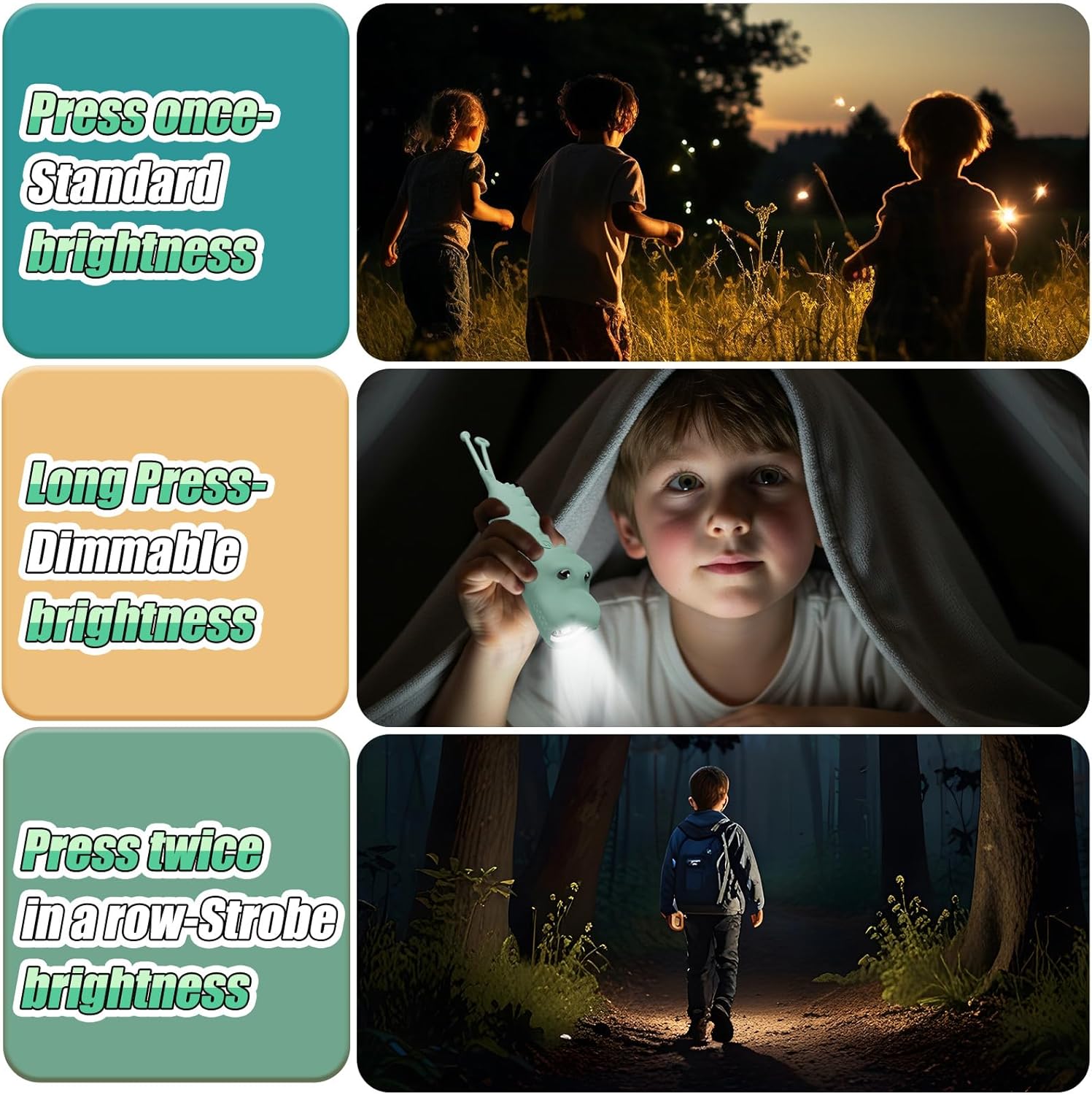 Teprewes Dinosaur Outdoor Kid's Flashlight Rechargeable, Led Flashlight, Fun and Lightweight Kid Flashlight Suitable for Camping and Outdoor Exploration, Dog Walking, Birthday Gift