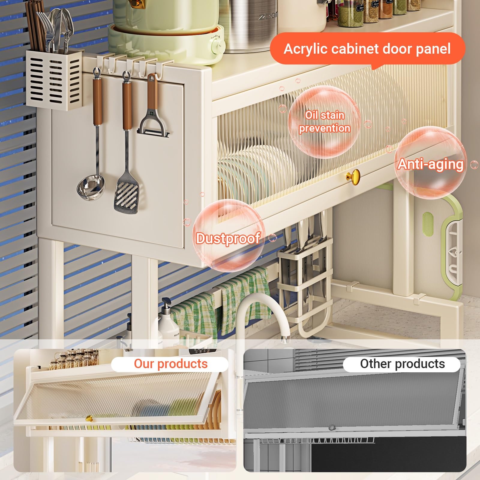 Escurridor de platos sobre el fregadero con puertas abatibles, organizador de fregadero de cocina, encimera, para platos, vasos, cuencos, cubiertos, diseño de ahorro de espacio