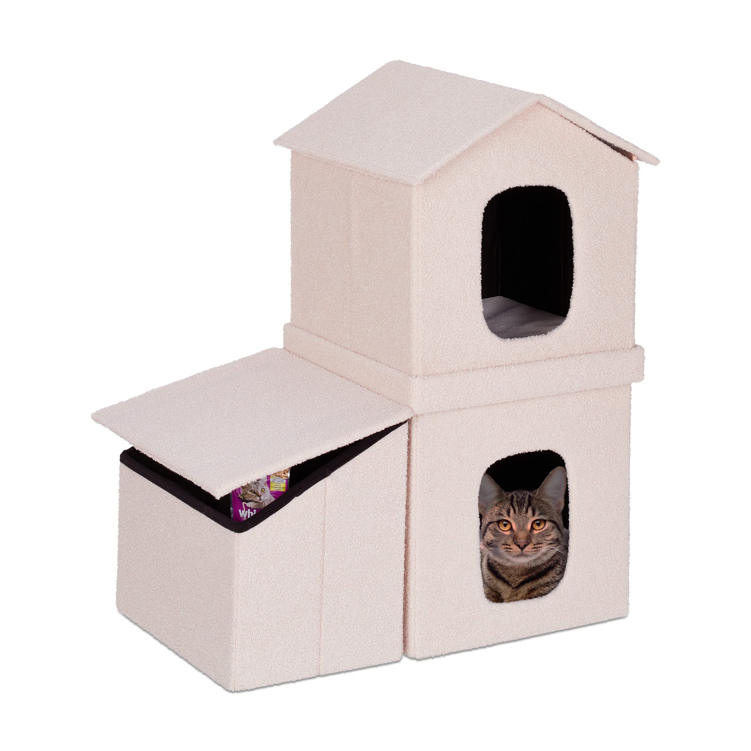 Relaxdays Cat Den, Folding Feline House with 2 Levels, Cushions, HxWxD: 86 x 75 x 44 cm, Pet Hideaway Cave, Beige/Tan, Polyester