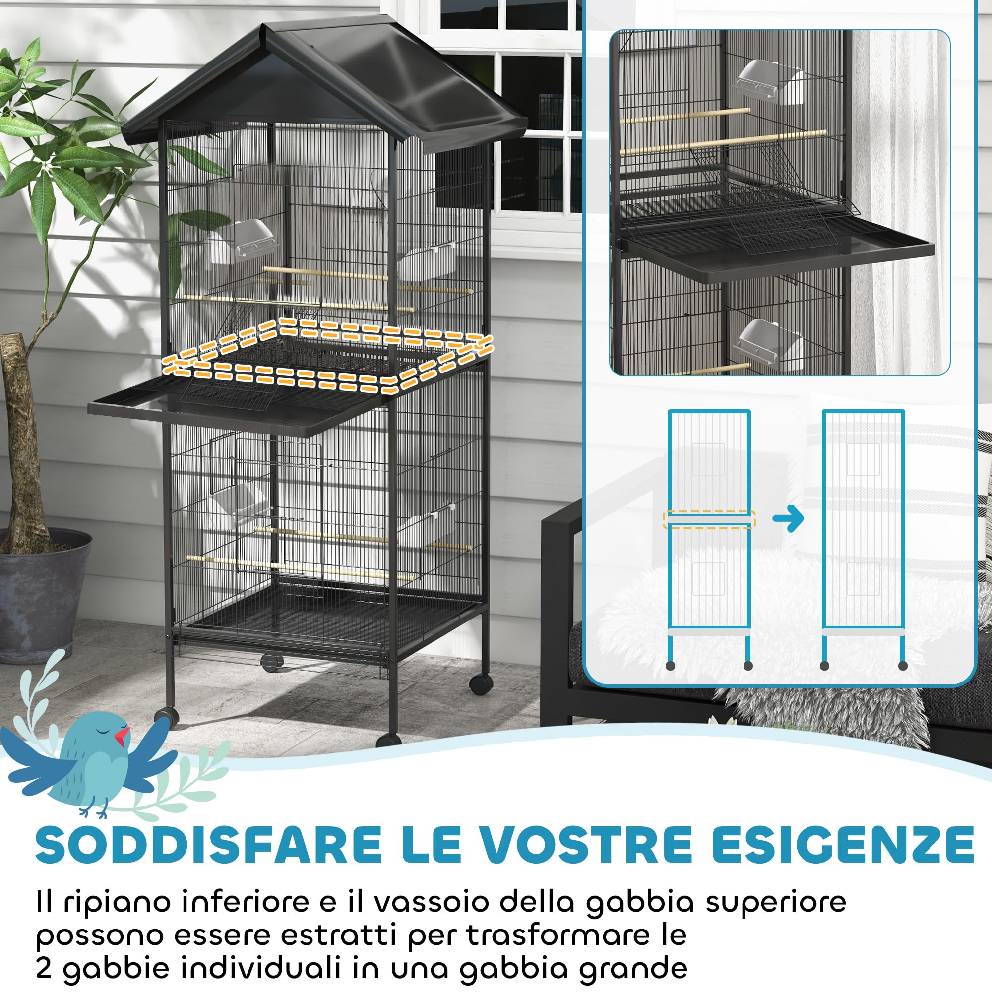 PawHut Voliera per Uccelli a Rotelle con Vassoi Estraibili in Plastica e Posatoi, Gabbia per Canarini in Metallo, 168 cm, Nero