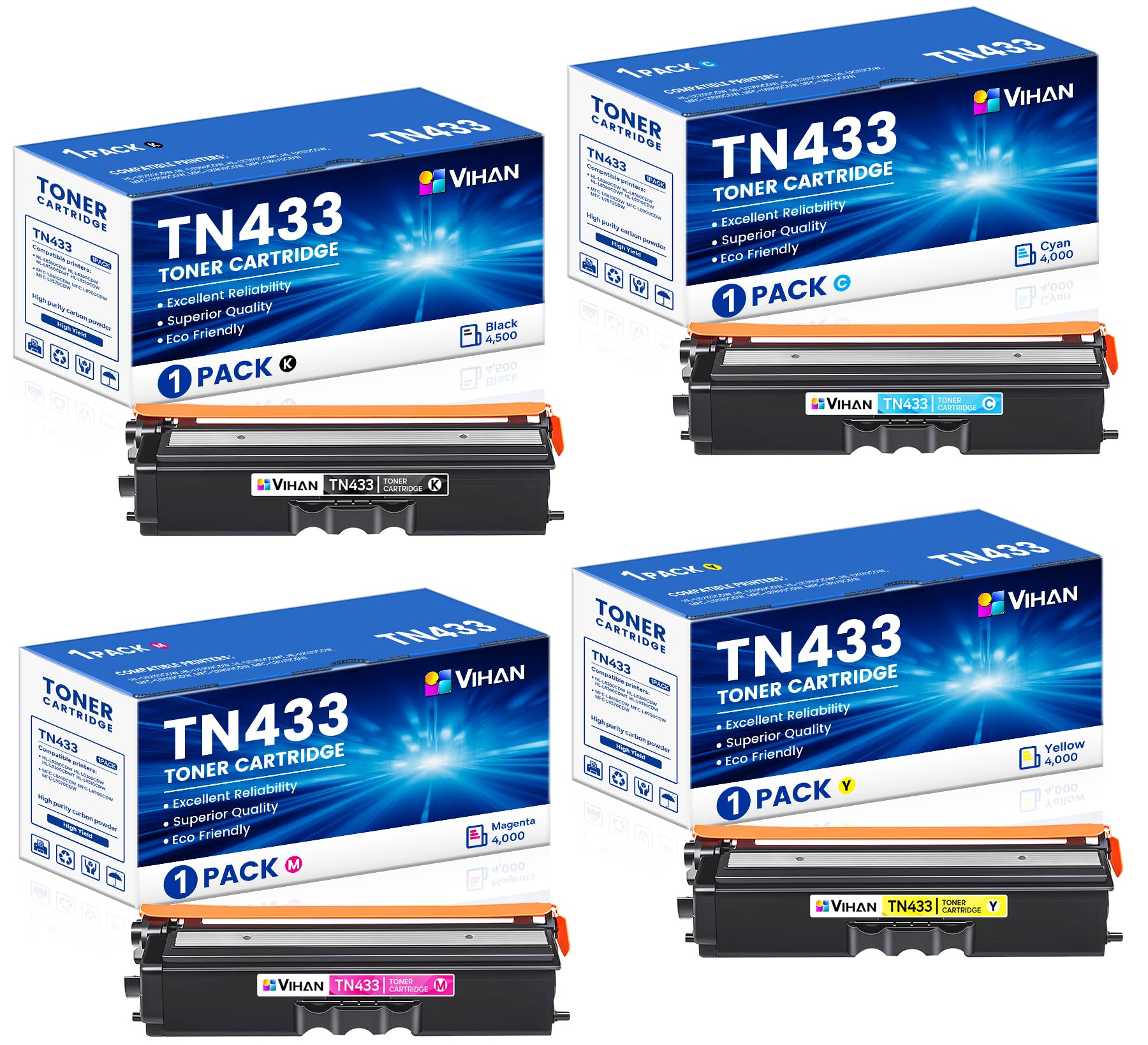 TN433 TN-433 MFC-l8900CDW Toner Cartridge Set TN433BK TN433C TN433M TN433Y Replacement for Brother TN433 4 Pack(1BK/1C/1M/1Y)