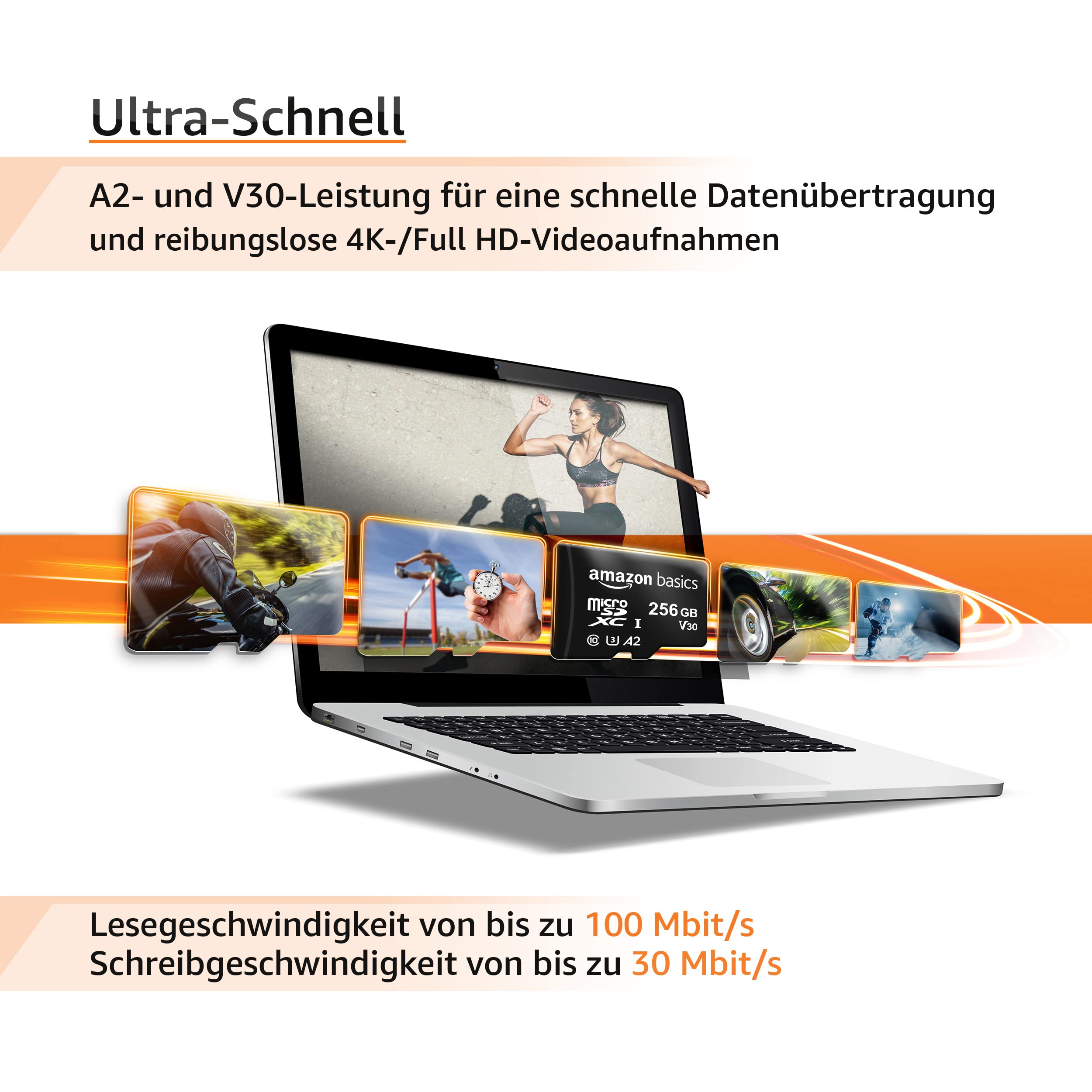 Amazon Basics microSDXC-Speicherkarte 256 GB A2 U3 mit Adapter, Lesegeschwindigkeit bis 100 MB/s, Schwarz