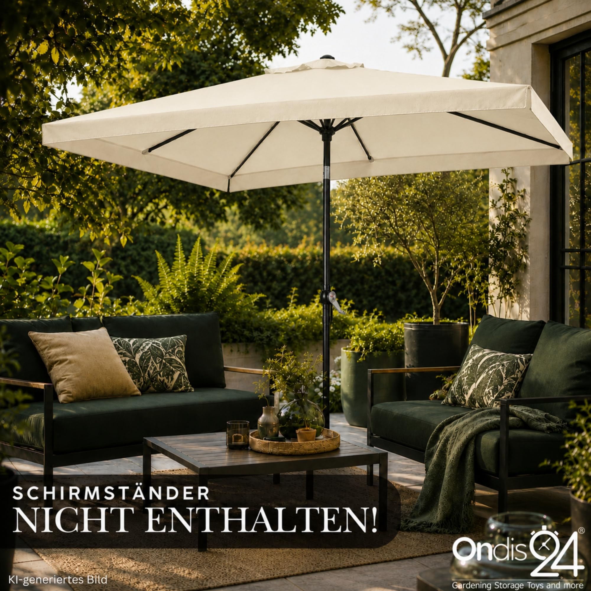 Ondis24 Marktschirm 3x2 Meter Sonnenschirm rechteckig mit Volant, Knick-Gelenk, Kurbel, Gestell aus Stahl, UV 50 (Beige)