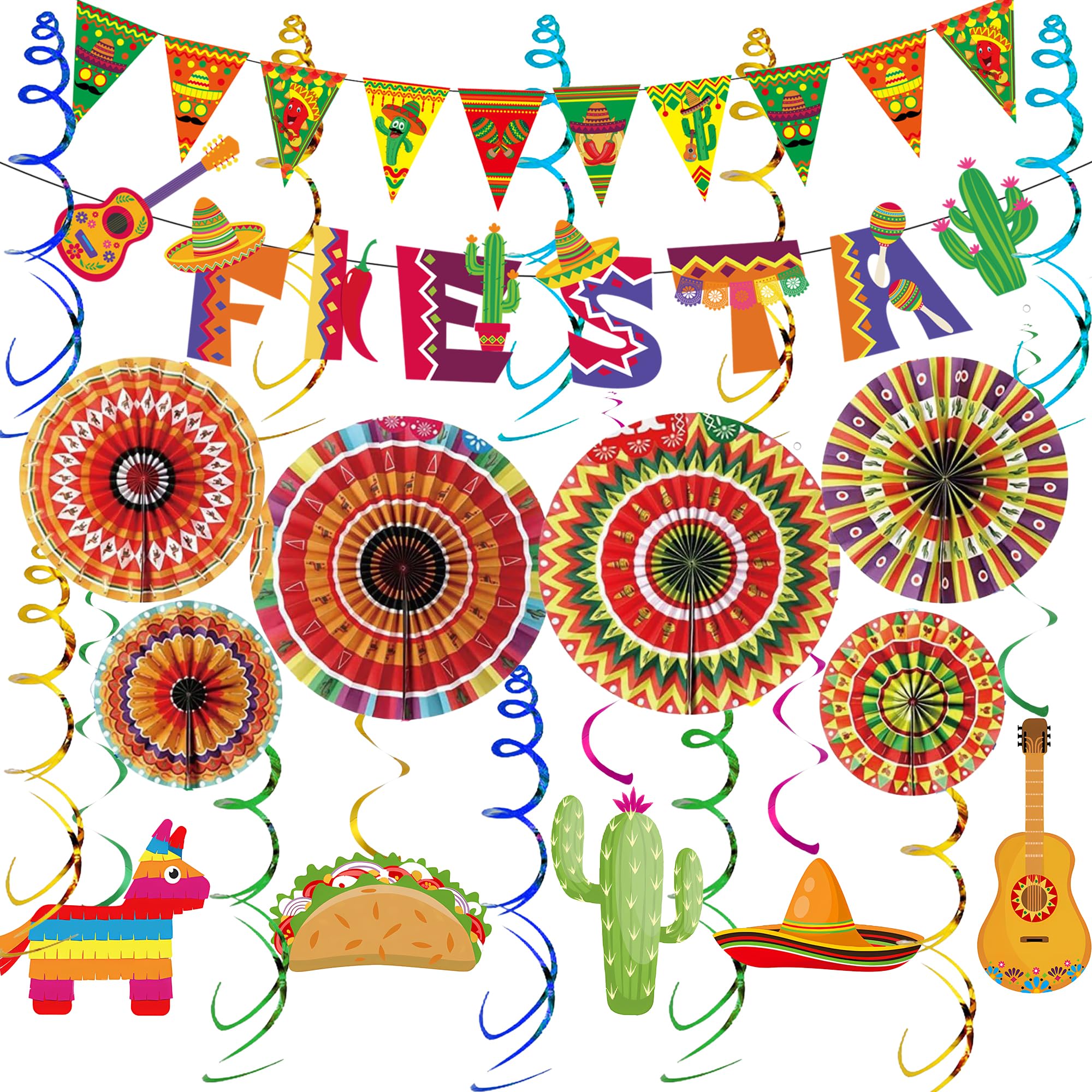 Mexican Party Decorations Fiesta Banner - 33 Pcs FIESTA Banner Triangle Flag Spiral Paper Fans Hanging Swirls Spirals Pony Burrito Cactus Hat Guitar for Rainbow Party Decor Women Celebrations Festive