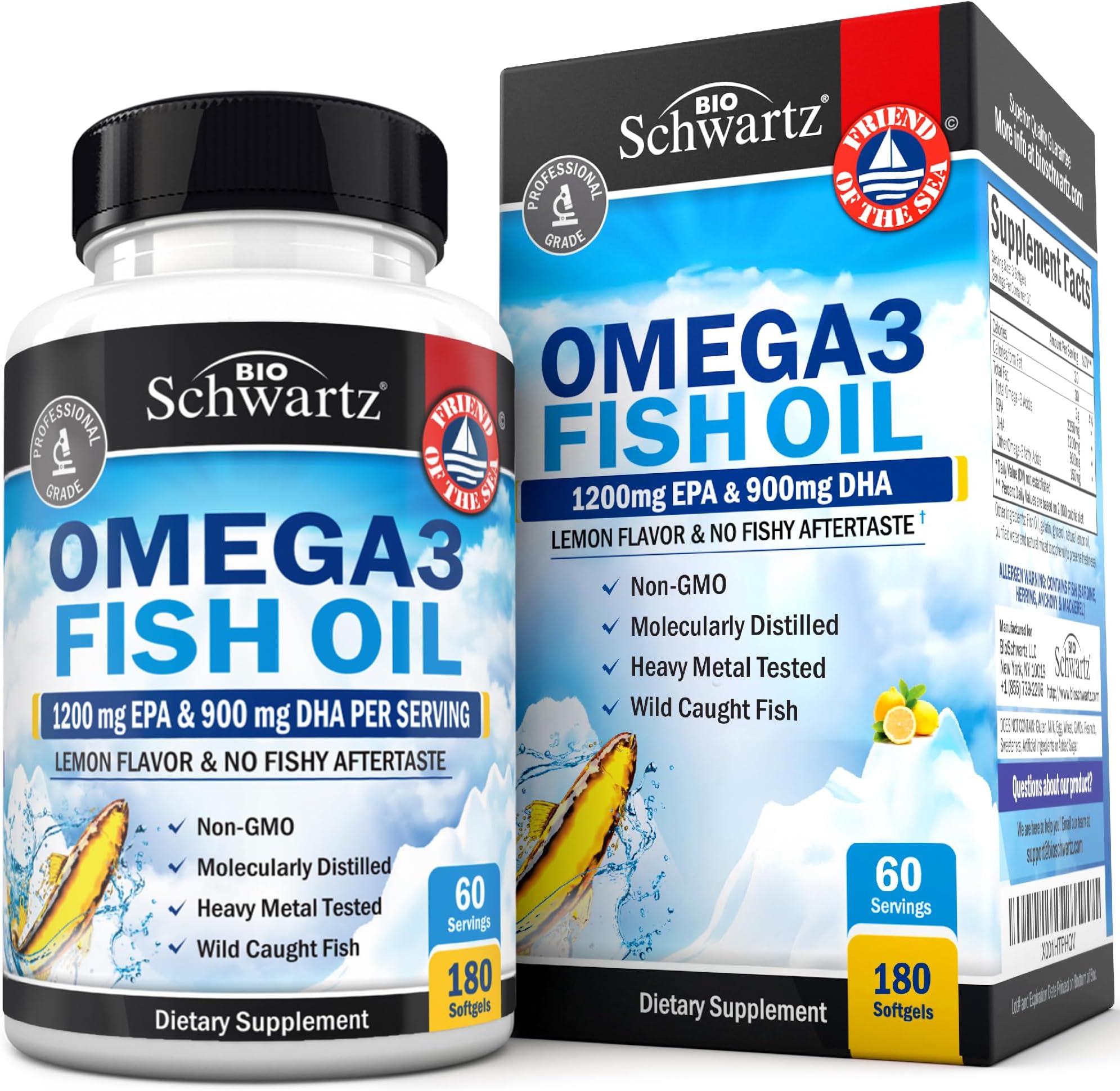 Triple Strength Omega 3 Fish Oil 3000mg - High Potency Omega 3 Supplement for Women and Men, Burpless Lemon Flavor Fish Oil - 2250mg Essential Fatty Acids with DHA & EPA, Wild Caught, 180 Softgels