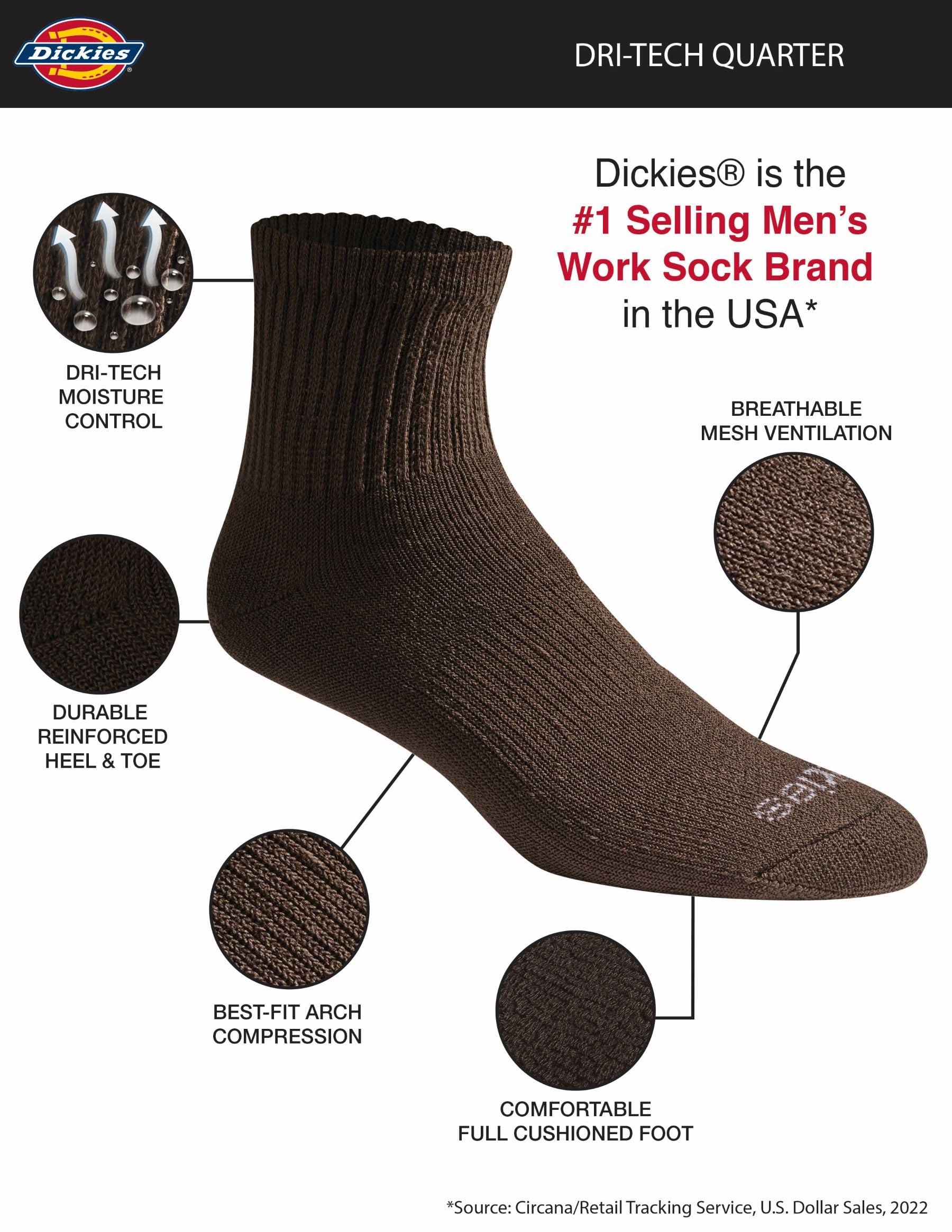 Dickies - Calcetines de caña media para hombre Dri-Tech con control de la humedad, disponibles en tallas M-XXL (6, 12, 18 pares), Large