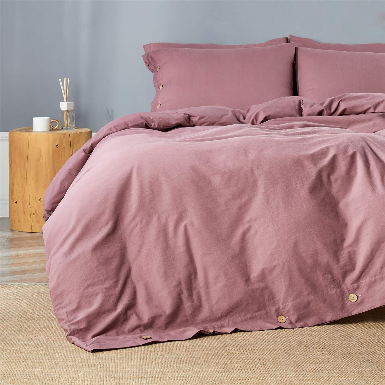 JELLYMONI Burgundy 100% Washed Cotton Duvet Cover Set, 3 Pieces Luxury Soft Bedding Set with Buttons Closure. Solid Color Pattern Duvet Cover King Size(No Comforter)
