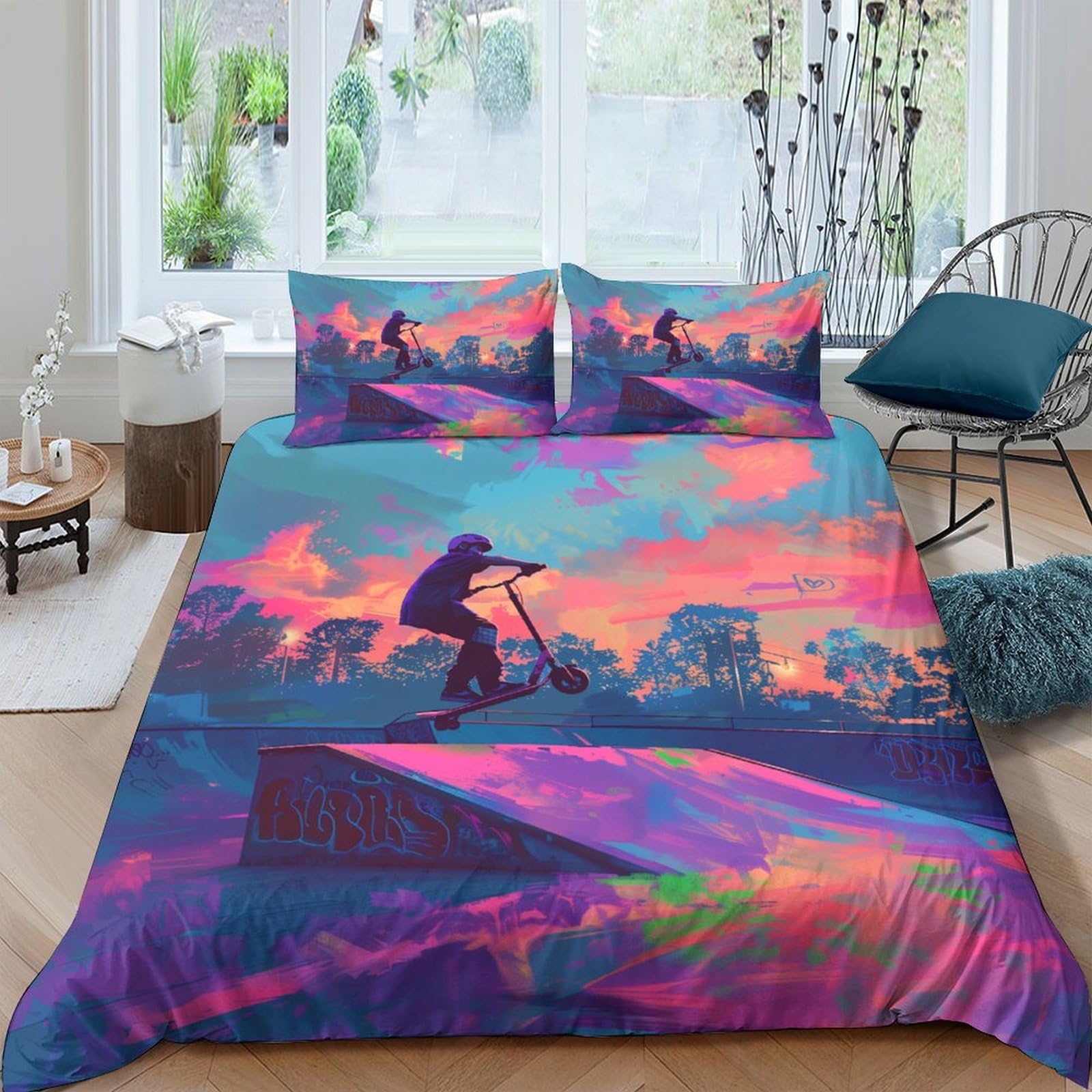 Ctjqhvkz Style-6 3D Printed Sunset Skate Park Fitted Sheet Microfiber Soft Scooter Rider Mattress Cover Bedroom Decor Washable Single（135X200cm）