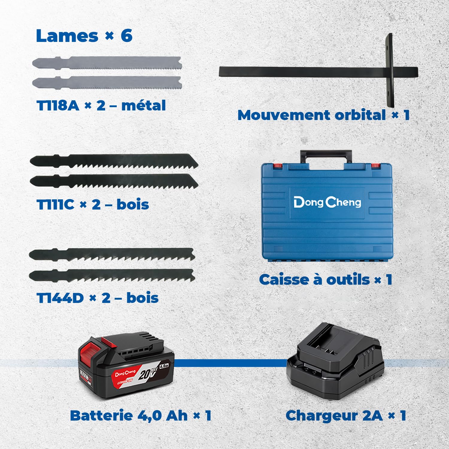 Dong Cheng Scie Sauteuse Sans Fil 18V Sans Balais, Scie Sabre Pendulaire course de 26 mm, 6 Vitesses, Coupe Biseau 0-45°, Double LED & Souffleur - Avec Batterie 4Ah, 6 Lames, Chargeur et Caisse Pro