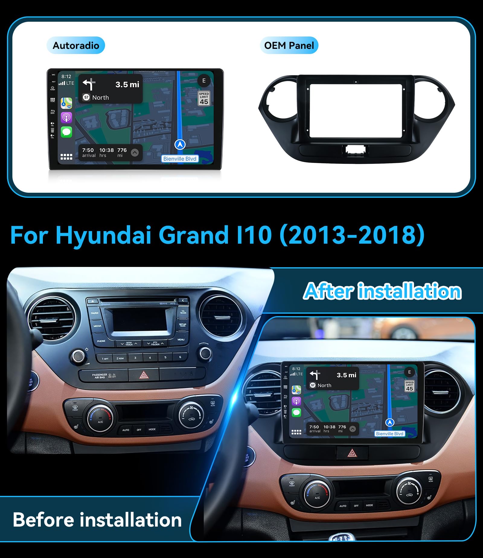 [6G+128G,Octa-Core] - MSD Autoradio für Hyundai Grand I10 (2013-2018) | Android 15 GPS Navi Radio | CarPlay Android Auto Lenkradsteuerung Dual-Band WiFi DSP DAB | Rückfahrkamera MIC | 2 Din 9 Zoll