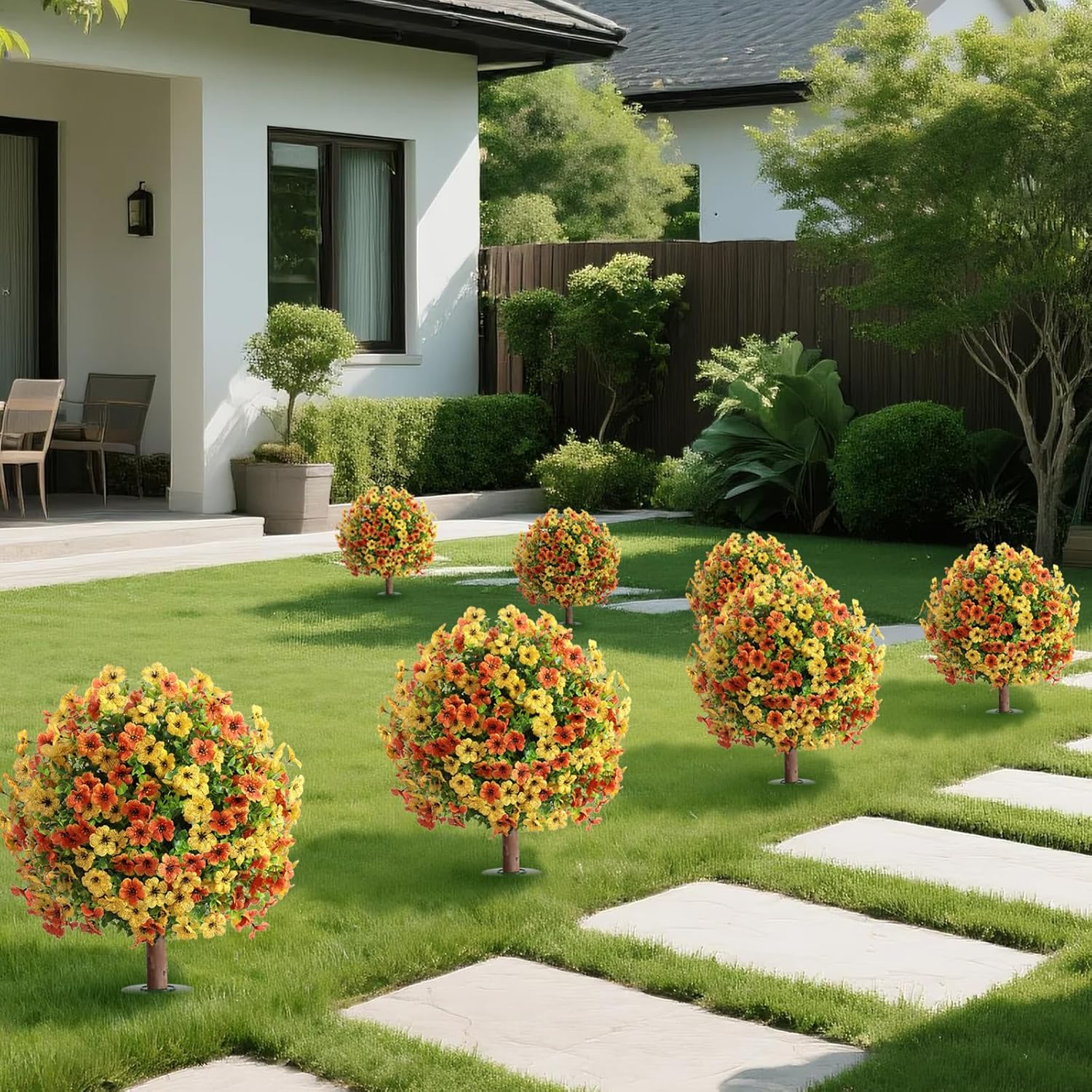 momoplant Artificial Boxwood Topiary Ball Tree with Mum Flowers 24” Tall Faux Plant with Ground Spikes Set of 2 Fake Flower Bushs for Farmhouse Porch Home Garden Decor