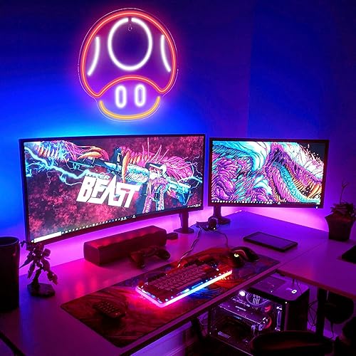 Miniatura 10 de Kavaas Letrero de neón para videojuegos, letrero de neón de hongos para decoración de sala de juegos, cueva de hombre, habitación de los niños,