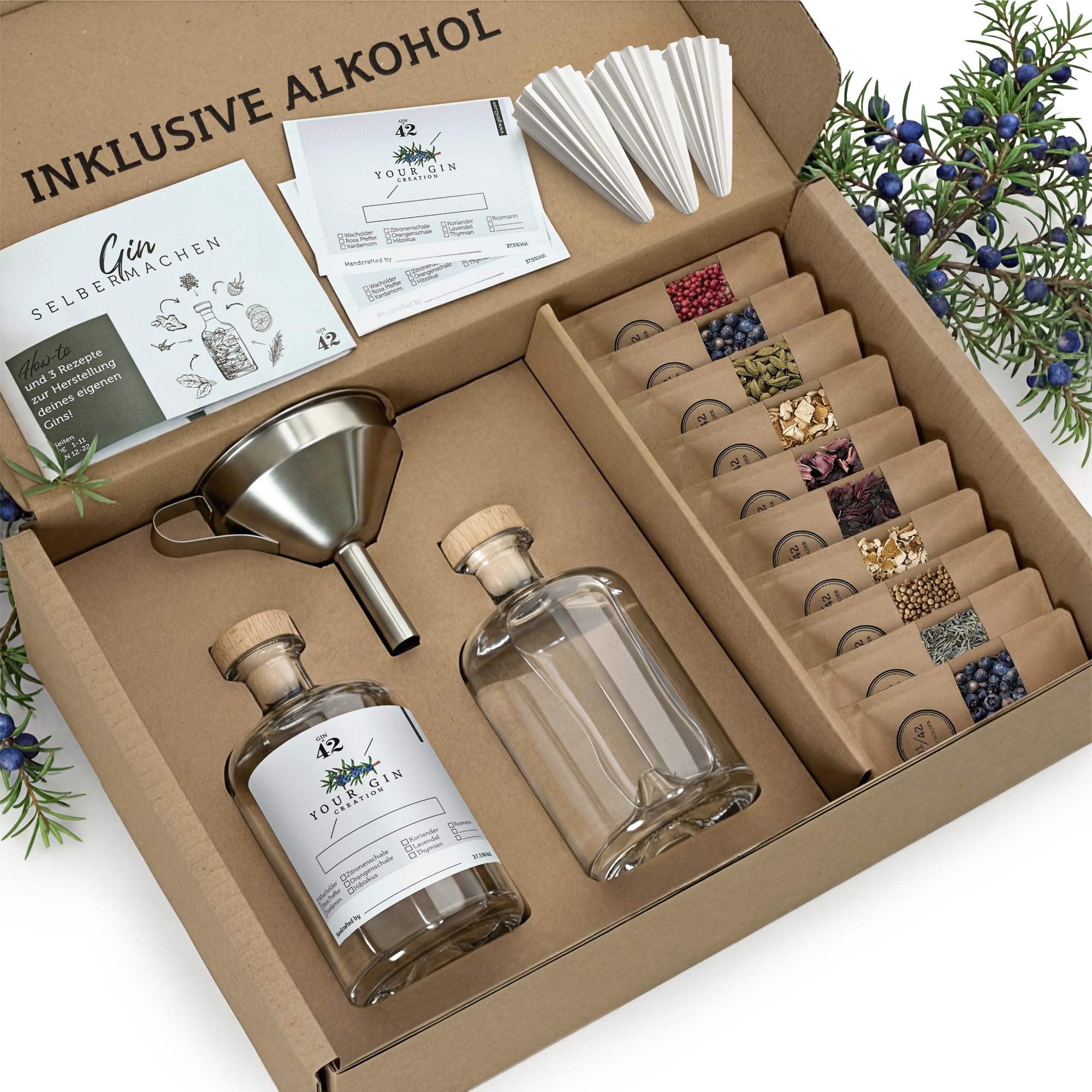 Gin Set zum Selbermachen inkl. ALKOHOL - DIY Gin Geschenkset für Frauen und Männer - Gin Baukasten mit ausgewählten Botanicals und Gewürze - Die Geschenkidee mit Alkohol - Gin Probierset