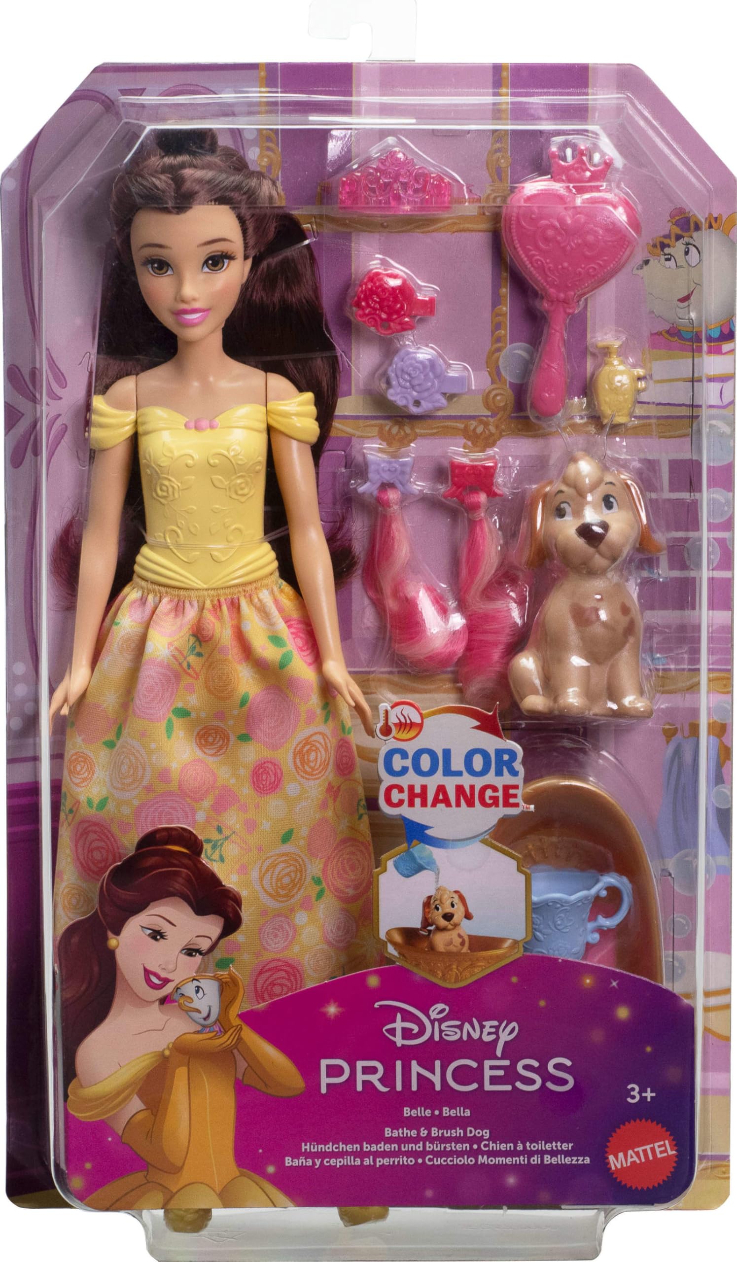 Mattel Disney Princess Belle Fashion Doll & Dog Figure with Color Change Spots, Bathtub, Brush & Hair Accessories, Inspired by Beauty & The Beast