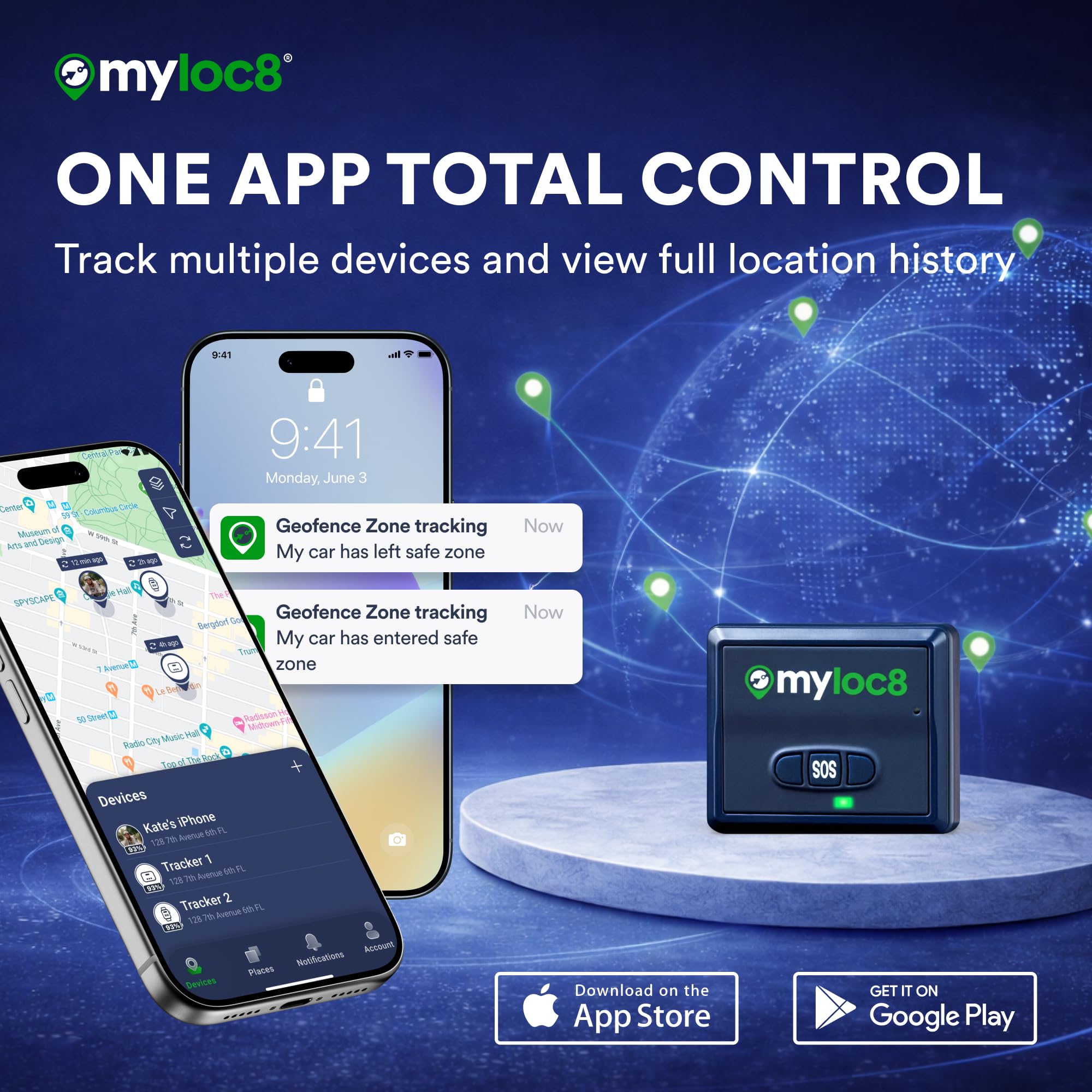 Myloc8 - Localizador GPS universal para vehículos, niños, equipaje, dispositivo de seguimiento GPS de coche con 4G LTE, actualizaciones en tiempo real para camiones, remolques, bicicletas