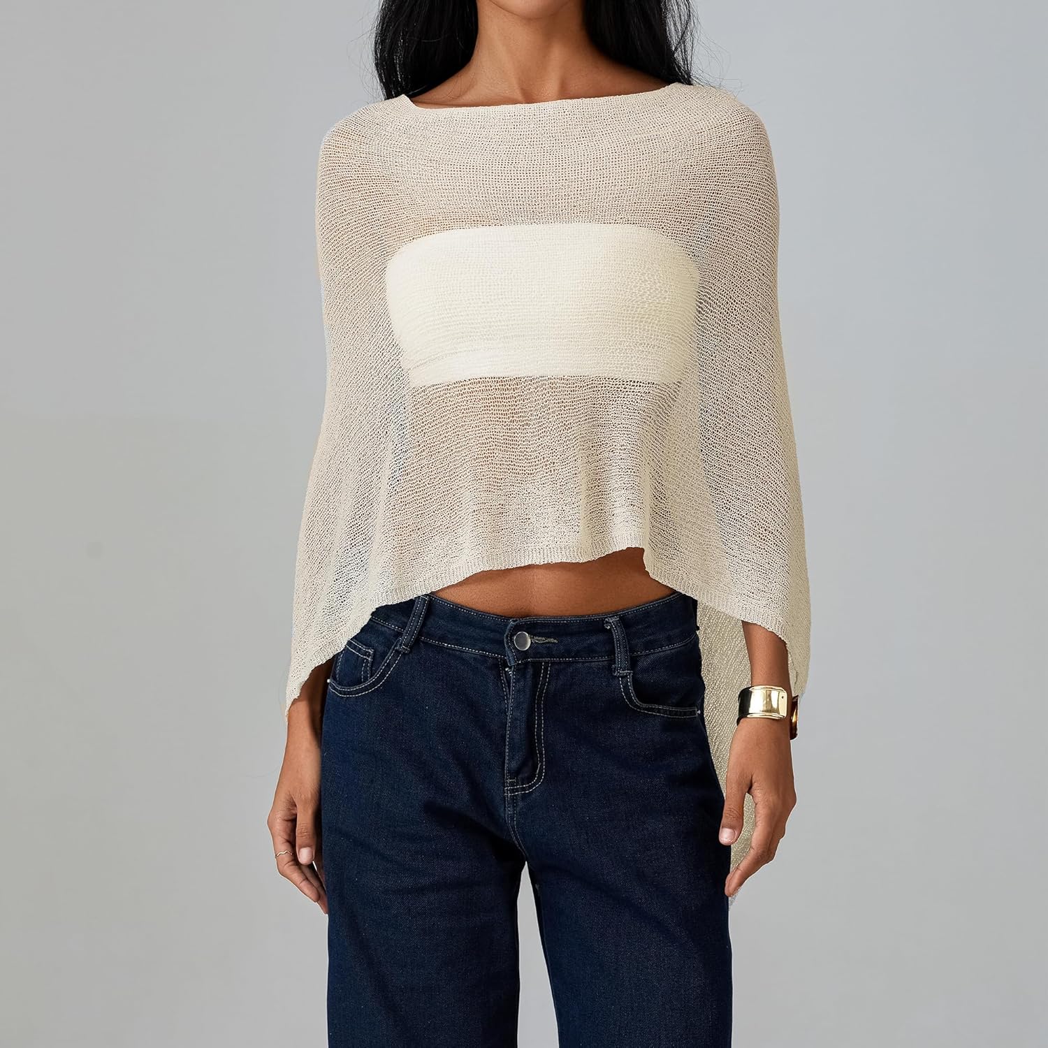 Women Sheer Poncho Top See Through Knit Shrug Mesh Blouse Off The Shoulder Pullover Summer Beach Cover Up Tops - Image 3