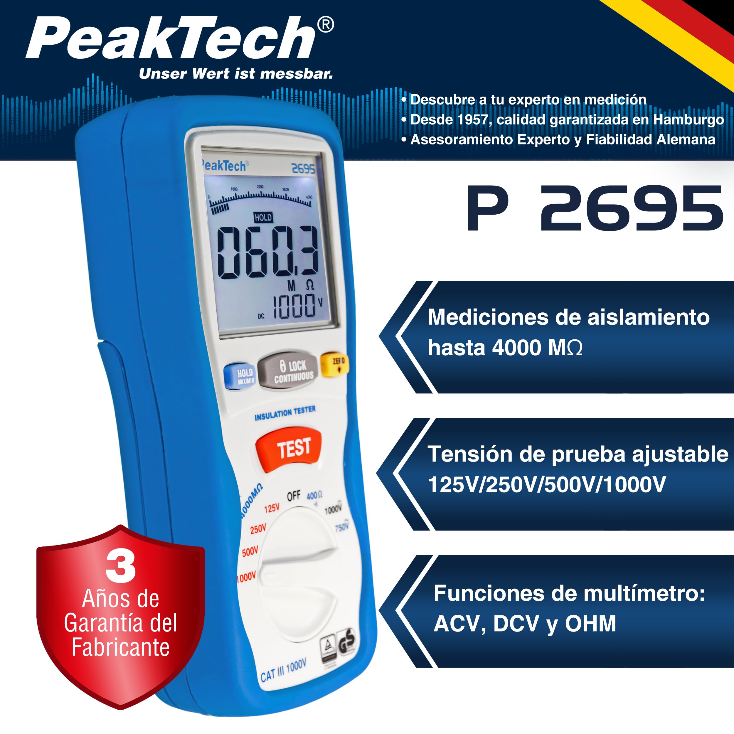 PeakTech 2695 – Probador de aislamiento, calibrado, probador de continuidad, voltímetro, circuitos, fusibles, mínimo/máximo, retención de datos, TUV/GS - 125V, 250V, 500V, 1000V