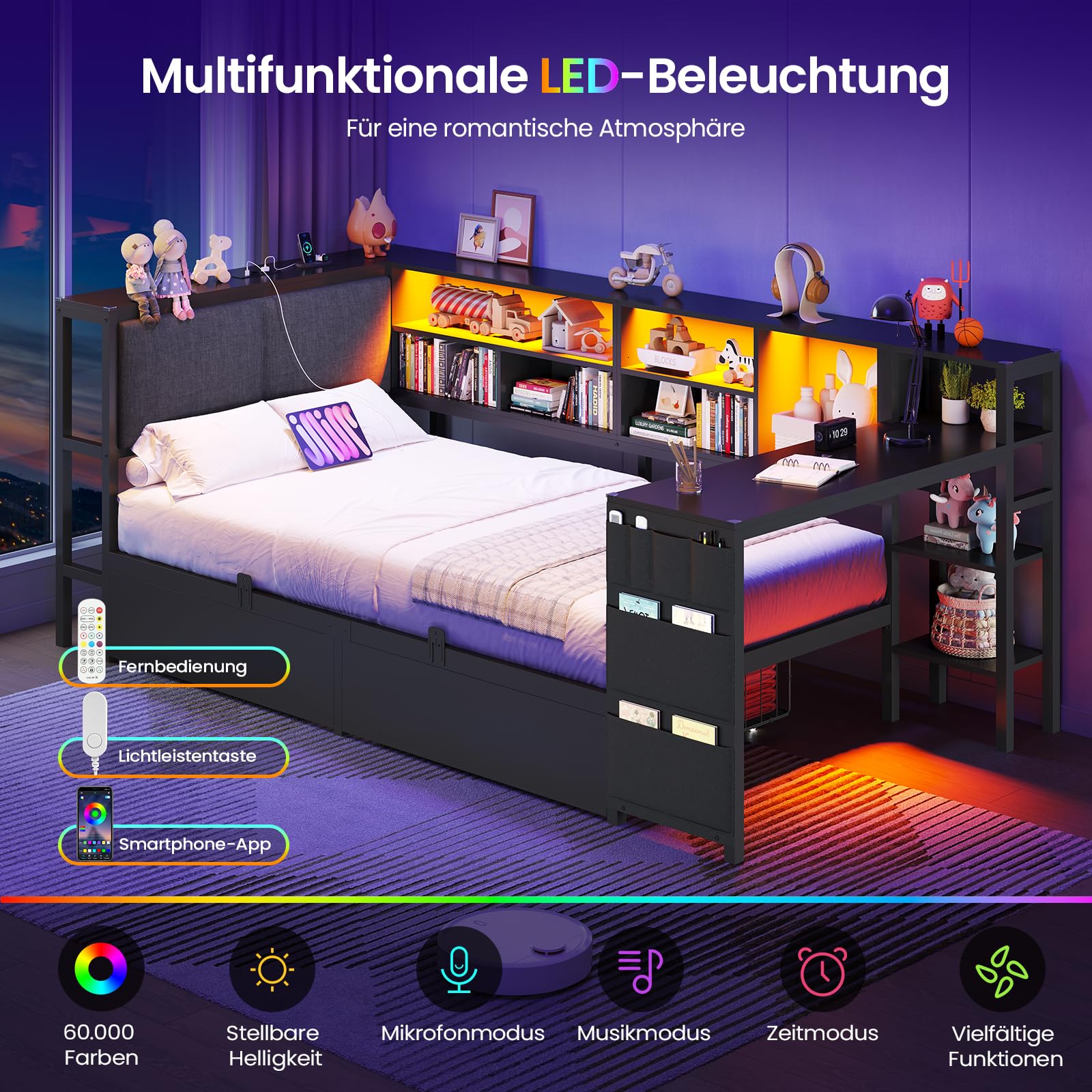 Brinlawb Schlafsofa mit LED-Beleuchtung und Ladestation, Jugendbett 90x200 cm mit einem 35x112cm Tisch und zwei großen Schubladen, Bett 90x200 Tagesbett mit polsterter Rückenlehne am Kopfteil, Schwarz