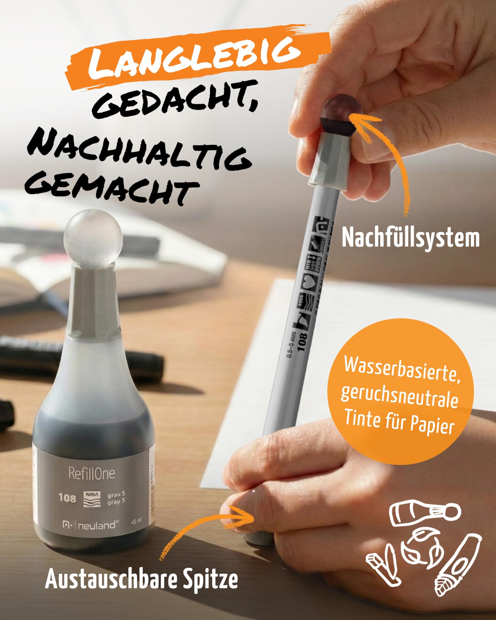Neuland Creative Sketch Set I 3x FineOne Art 0,5-5 mm & 4x FineOne Flex 0,5-3 mm Marker I Inkl. mySketchbook Notizbuch in Schwarz & Baumwoll-Mäppchen I Ergonomische & nachfüllbare Flipchartmarker