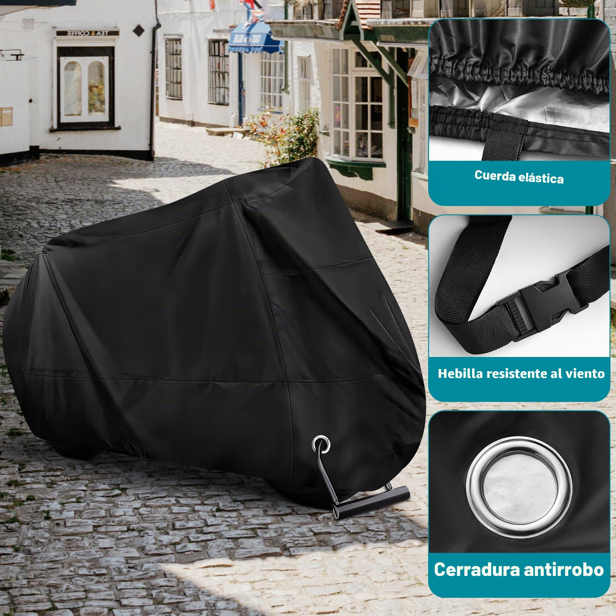 Funda Moto Impermeable Cubre Moto Impermeable Exterior Interior 210D Poliéster Capa Protector Lluvia UV Polvo Viento Nieve Excremento de Pájaro para Cubre Scooter Motocicleta (245x105x125cm)