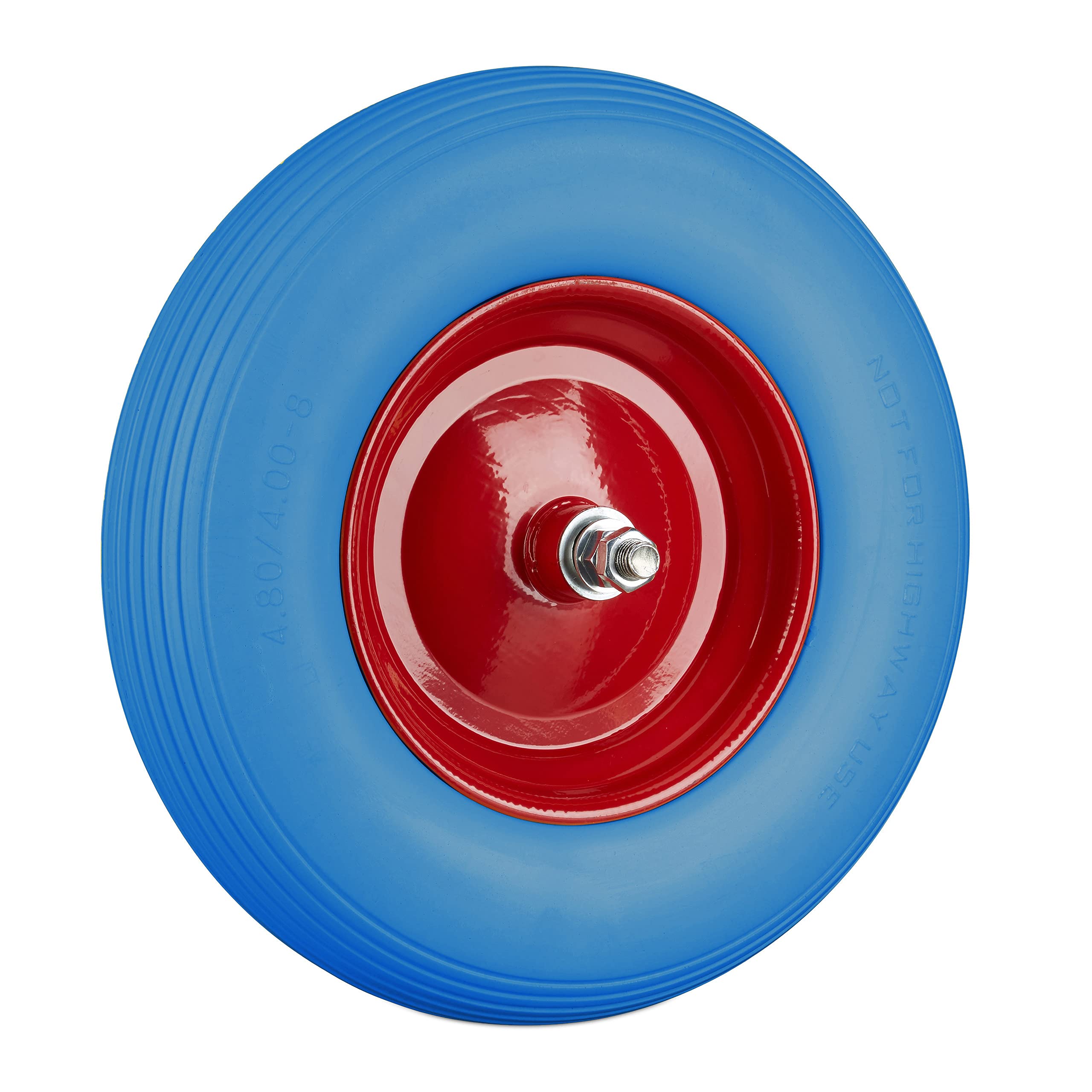 Relaxdays 2 x Schubkarrenrad Vollgummi mit Achse, 4.80 4.00-8 Gummirad, pannensicher, 100kg Tragkraft Ersatzrad, blau-rot