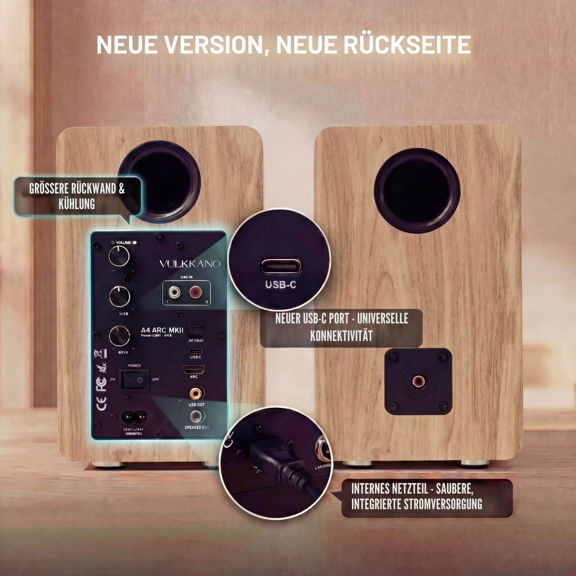 VULKKANO A4 ARC MKII Autoamplifizierte Lautsprecher mit 4" Woofer, Bluetooth 5.0, HDMI ARC, Optik, RCA, USB, mit Subwoofer-Ausgang, Studiomonitore mit elegantem Design, Farbe Braun