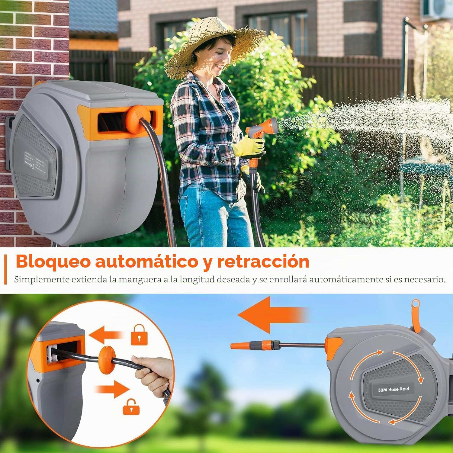 TLGREEN Carrete de Manguera de Pared, Enrollador Manguera Jardin 30+2m, Girable 180°, Manguera Extensible con 9 Modos de Pulverización, 4PCS Clavo, con Enrollador Automática, para Jardín, Garaje