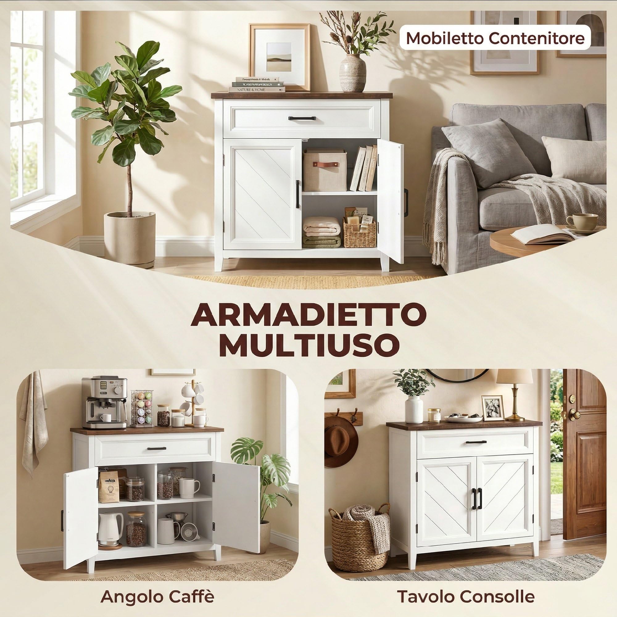 HOMCOM Credenza Cucina, Mobile Cucina con 2 Ante, Ripiano Regolabile e Cassetto, Piano Effetto Legno, Stile Rustico, Credenza Buffet per Soggiorno, Salotto, Sala da Pranzo, 76x35x80 cm, Bianco