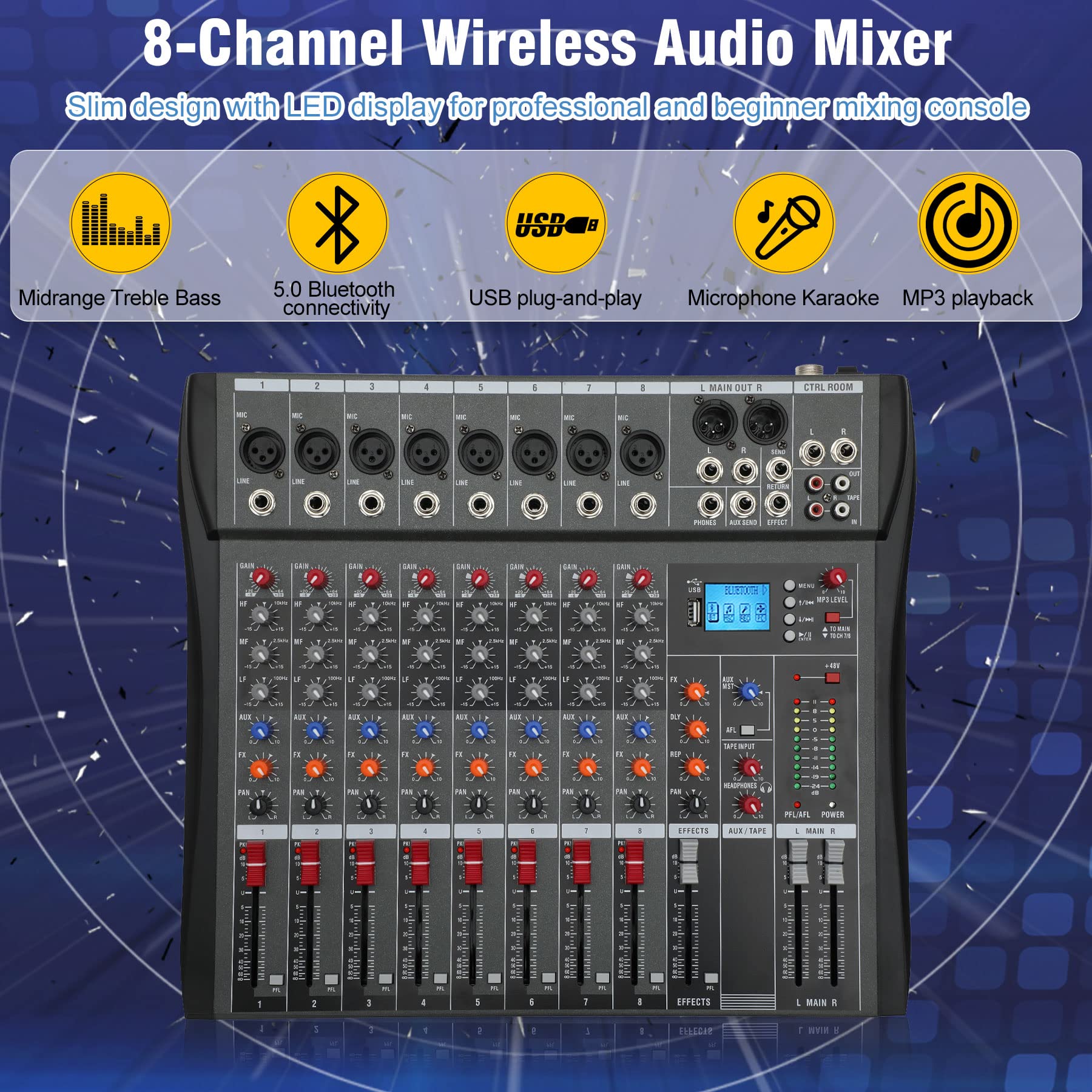 8Channel Wireless Audio Mixer,Professional DJ Equipment, Console with