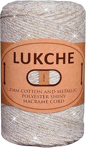 Lukche Cordón de macramé brillante de algodón y poliéster de 0.118 in, 224 yardas, 75% algodón, 25% poliéster metálico, colorida bolsa de macramé de Lukche Cordón de macramé brillante de algodón y poliéster de 0.118 in, 224 yardas, 75% algodón, 25% poliéster metálico, colorida bolsa de macramé de