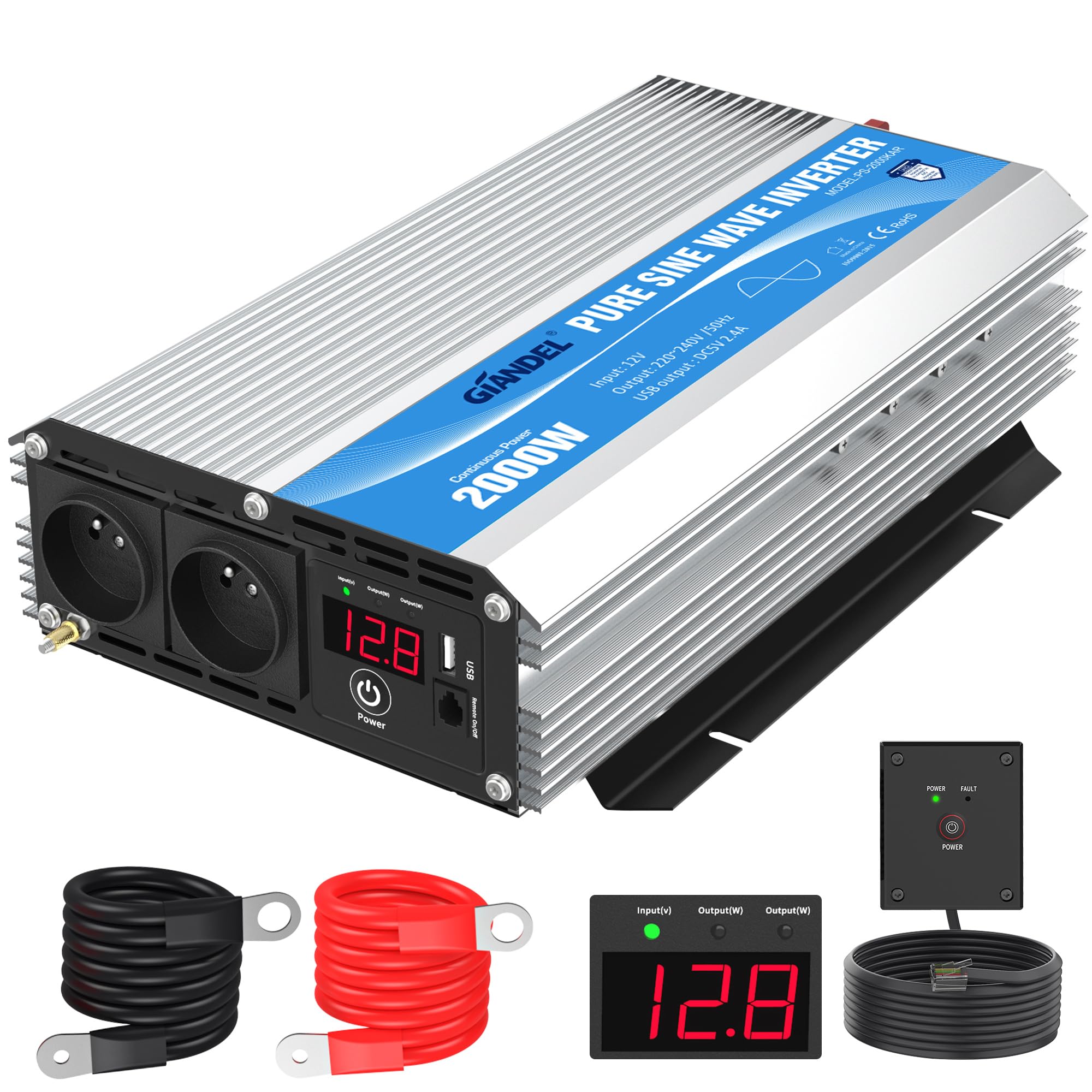 GIANDEL 2000W Convertisseur 12V 220V Pur Sinus Onduleur à Onde Sinusoïdale Pure Transformateur Compatible Lithium-Batteries, pour La Maison, RV, Camion, Hors Réseau Solaire avec Affichage LED