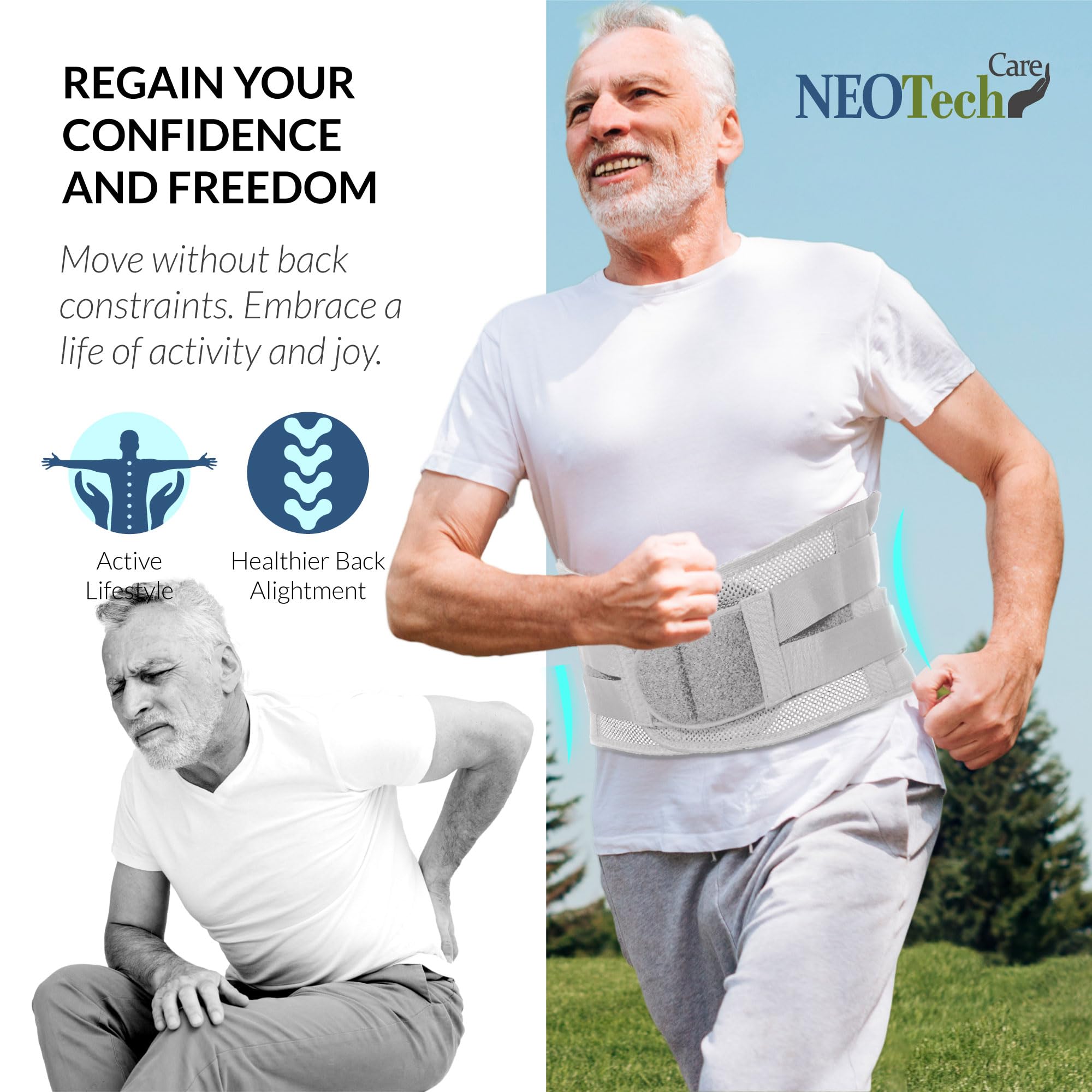 NEOtech Care Ceinture lombaire avec sangles de compression doubles et support au bas du dos EXTRA-LARGE - Tissu respirant léger pour sport, exercice (Grise, Taille XL)